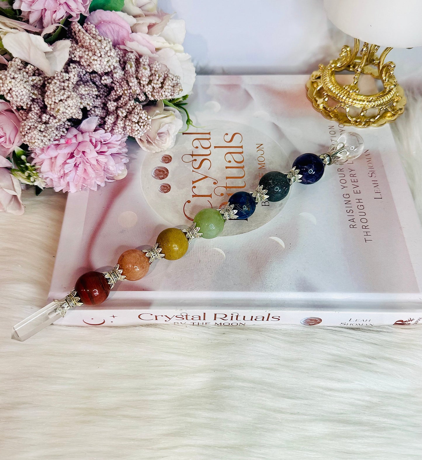 Magical 7 Chakra Crystal Wand with Clear Quartz Point 24cm