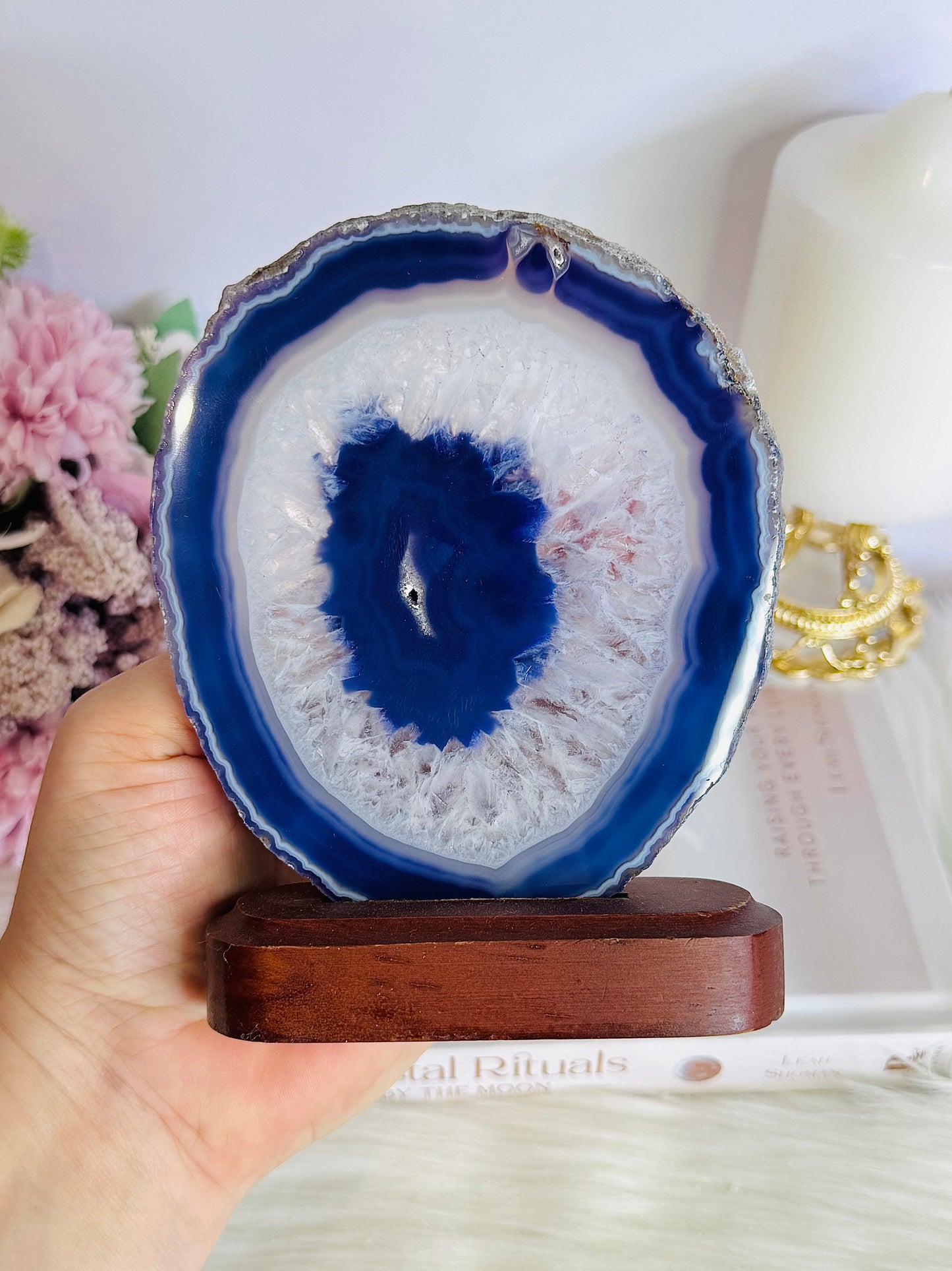 Large 13.5cm Purple Dyed Agate Slice On Timber Stand From Brazil