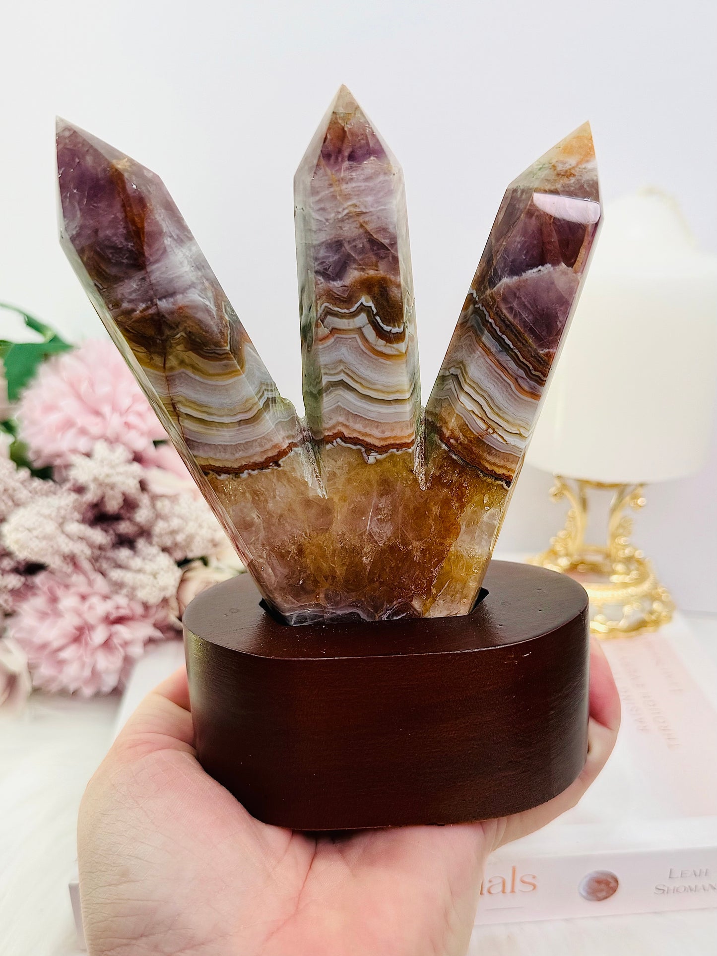 Gorgeous 15cm Tall Triple Amethyst X Agate Point Towers on Timber Stand