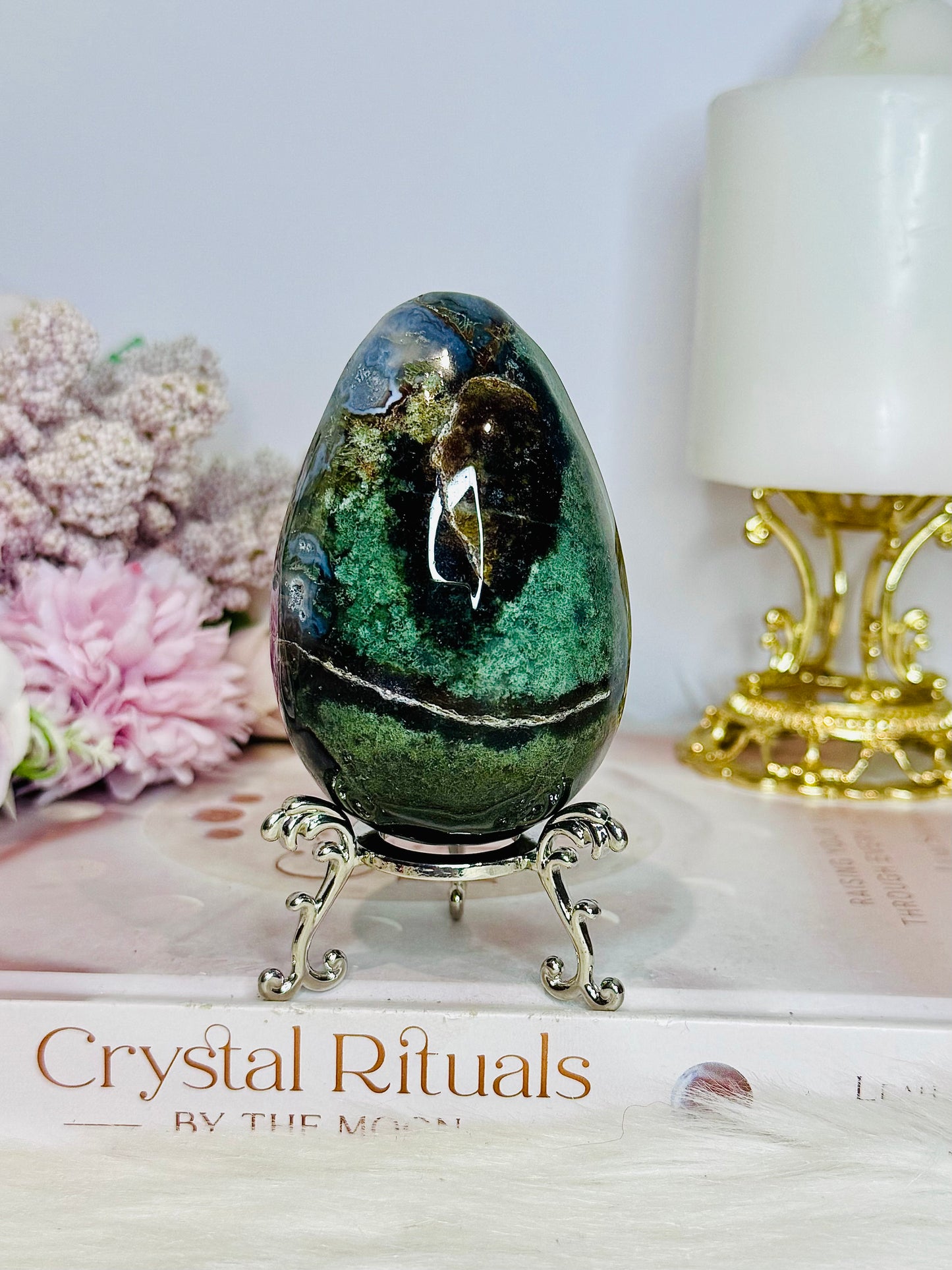 Large Moss Agate Egg on Stand 273g