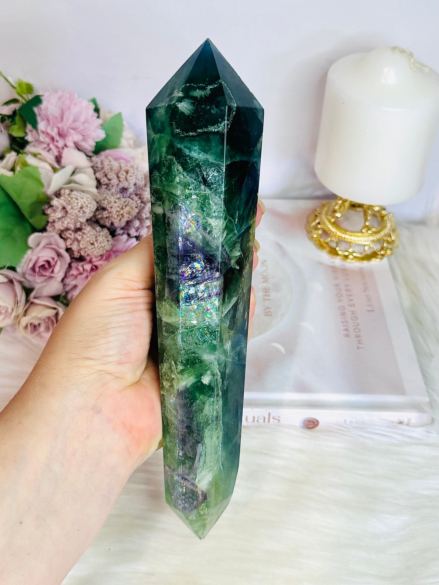 Huge Fluorite Double Terminated Point Full of Rainbows On Timber Stand 1.12KG 23cm