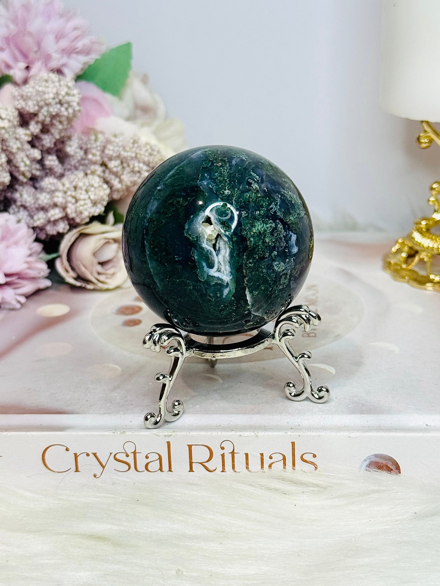 Moss Agate Sphere On Stand 212g