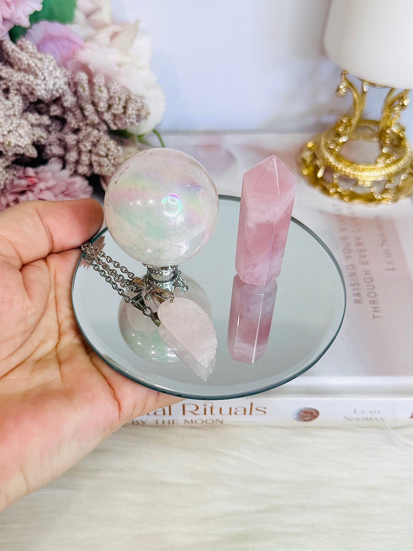 Rose Quartz Gift Set ~ Angel Aura Rose Quartz Sphere, Rose Quartz Tower & Rose Quartz Wing Necklace on Mirror Tray 10cm