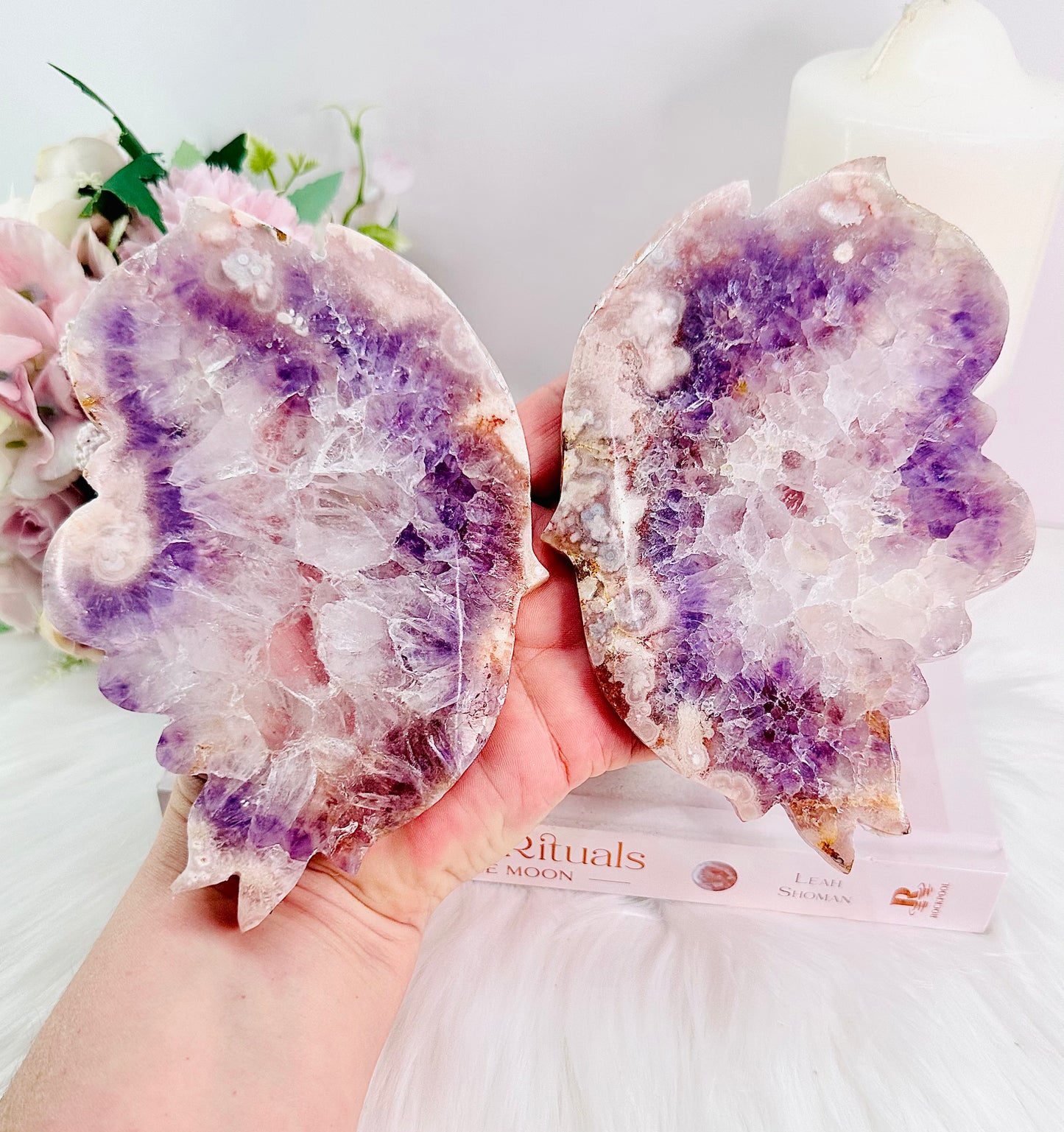 Classy & Fabulous Large Rare Amethyst X Flower Agate Carved Butterfly Wings On Gold Stand 24cm From Brazil