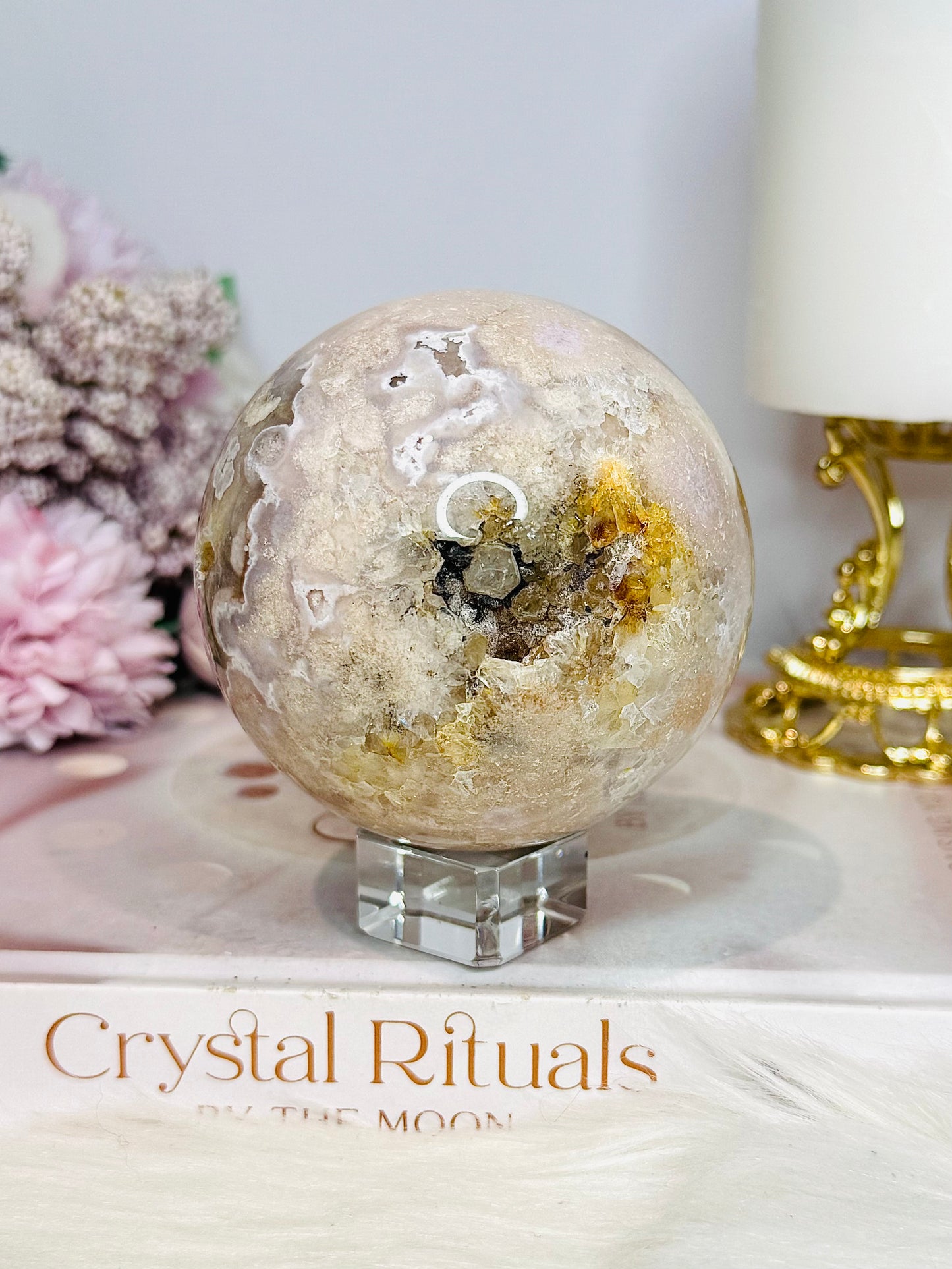 Large Flower Agate Sphere on Stand 500g
