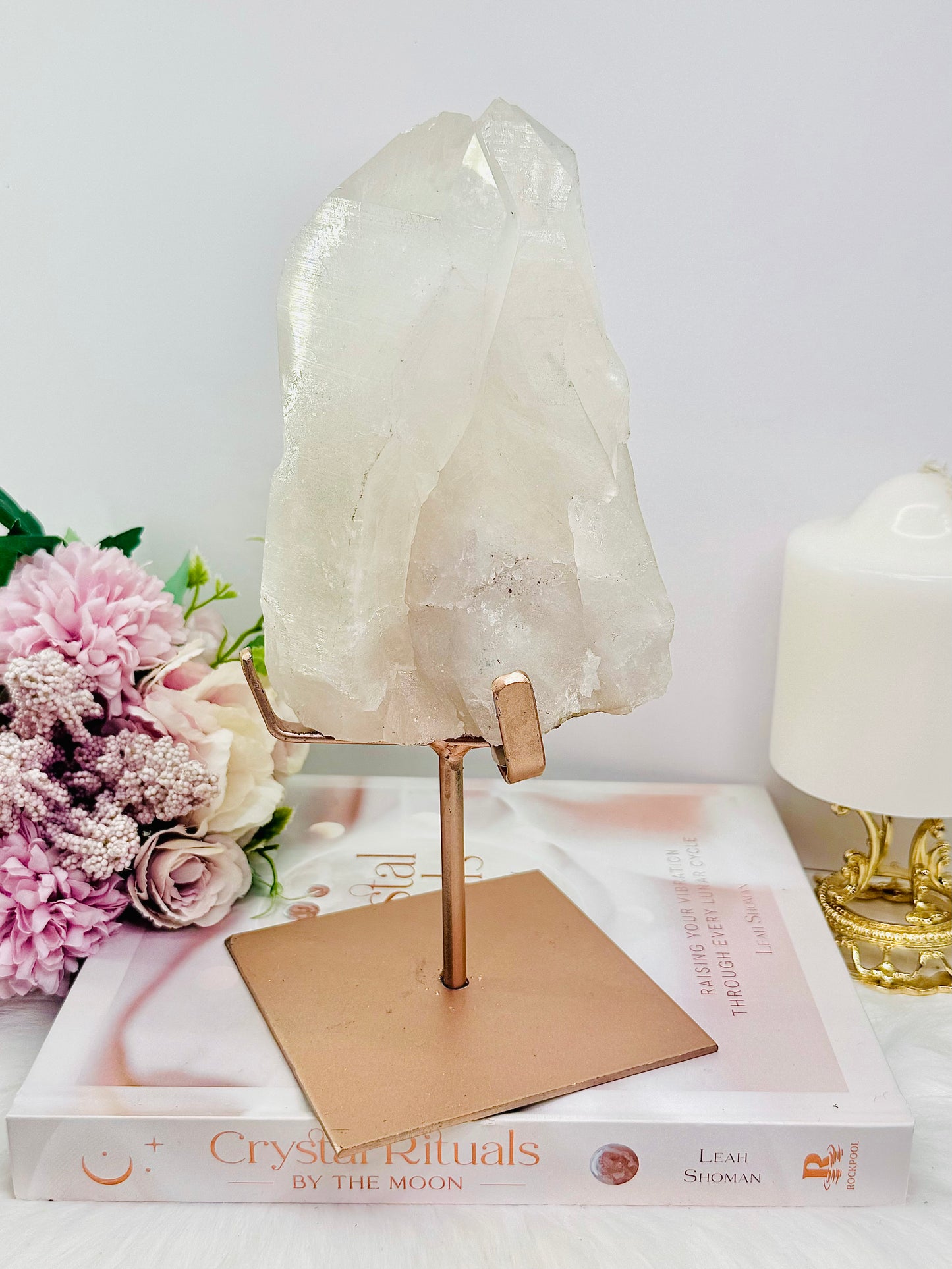 Incredible Large 1.6KG 23cm Natural Clear Quartz Specimen on Rose Gold Custom Stand From Brazil