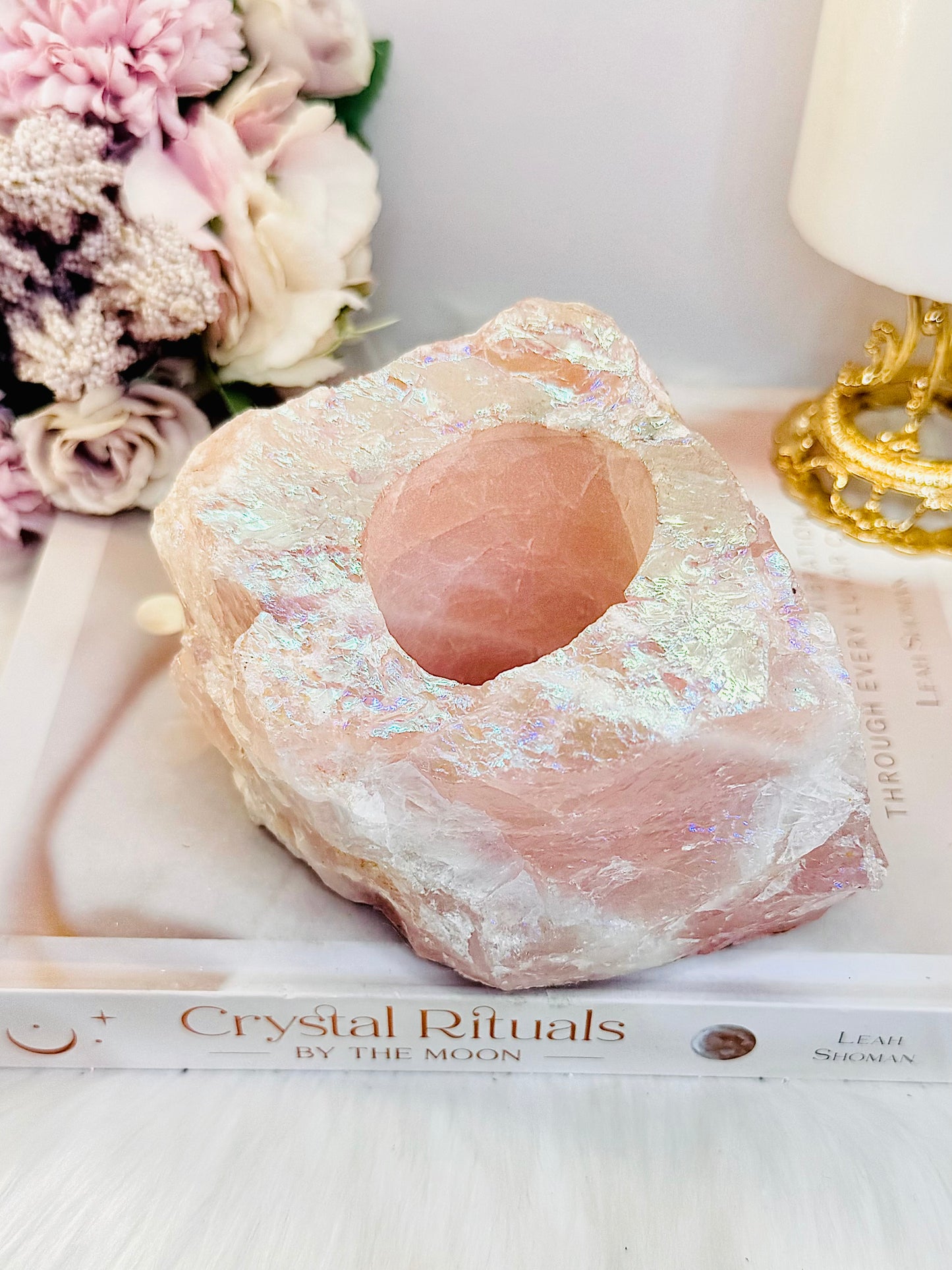 So Pretty!!!! Large Chunky 1.2KG 14cm Angel Aura Rose Quartz Candle Holder