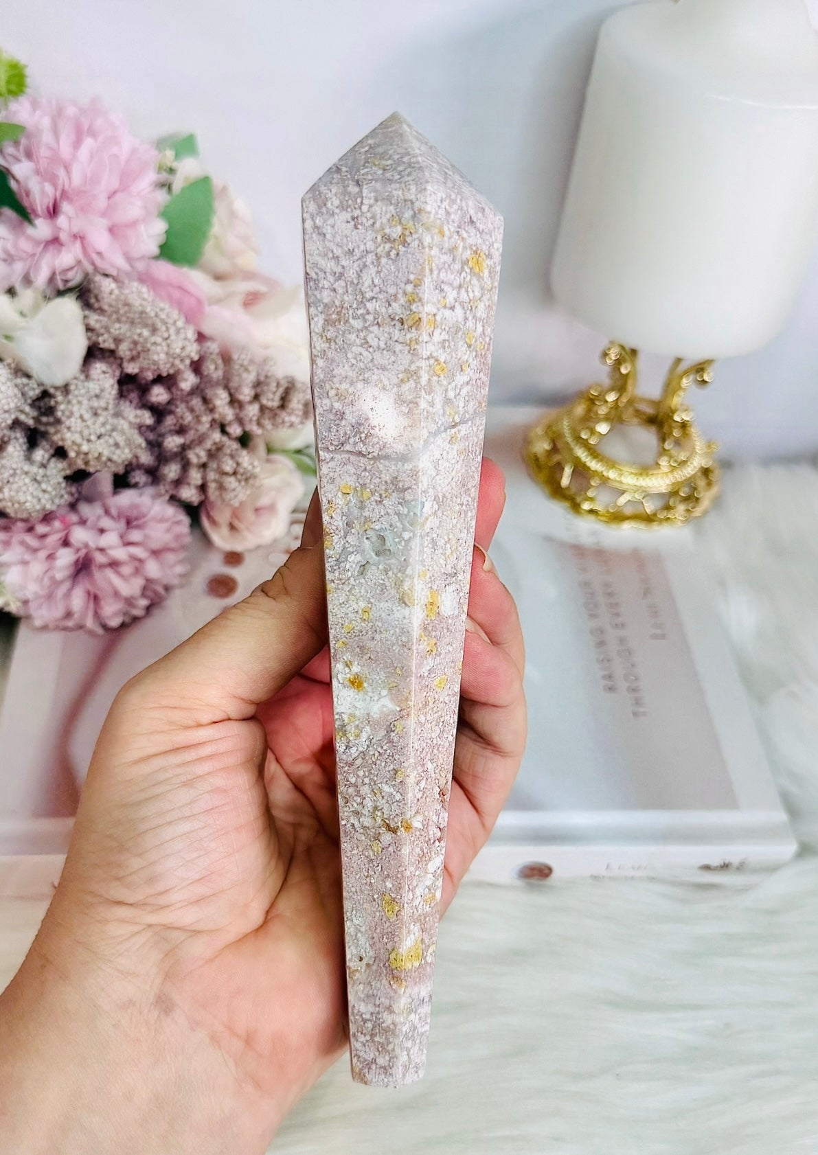 Fabulous Large 18.5cm Druzy Pink Agate Carved Wand on Stand