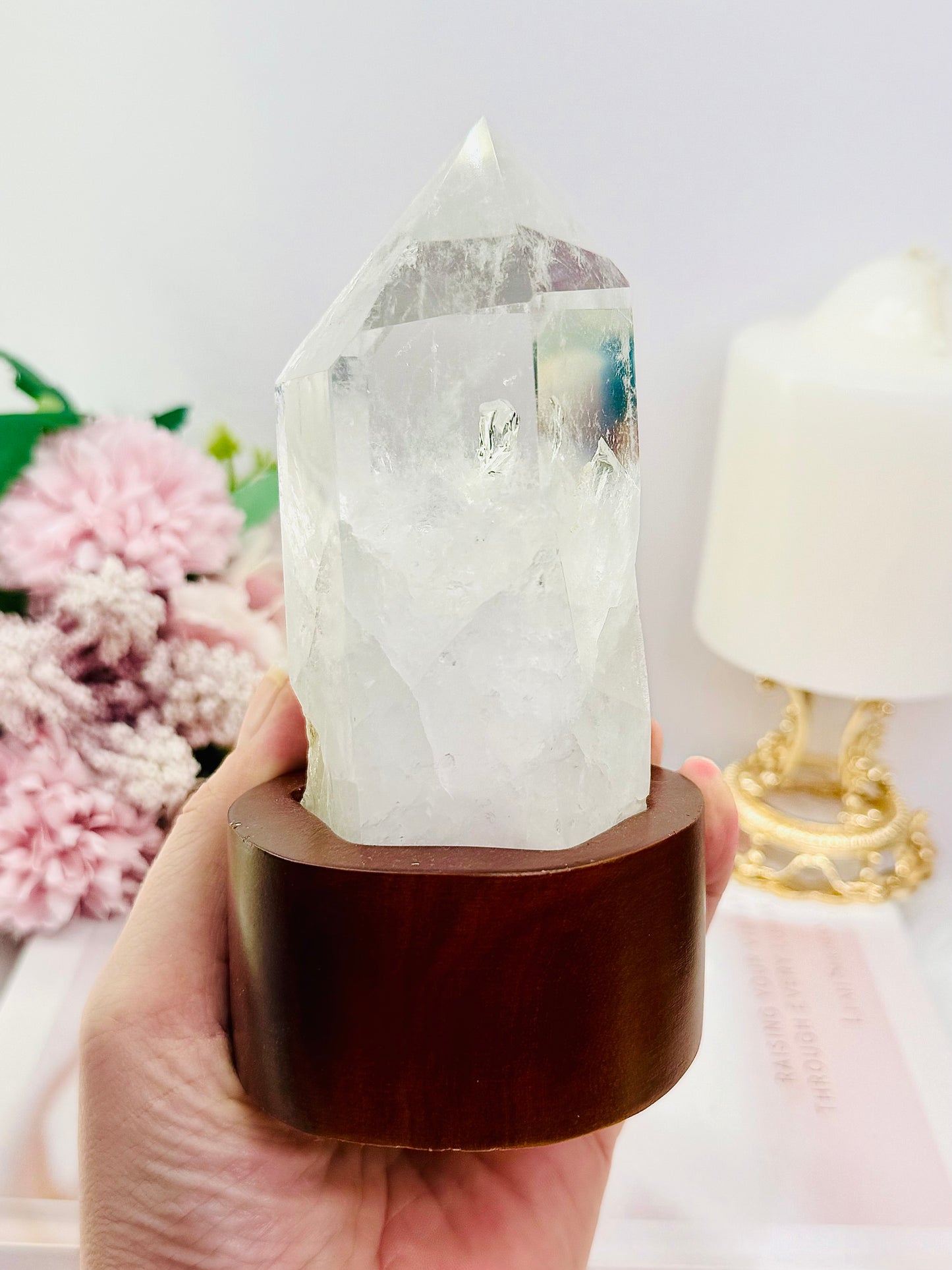 Natural Clear Quartz Tower On Timber Base 14.5cm 512grams