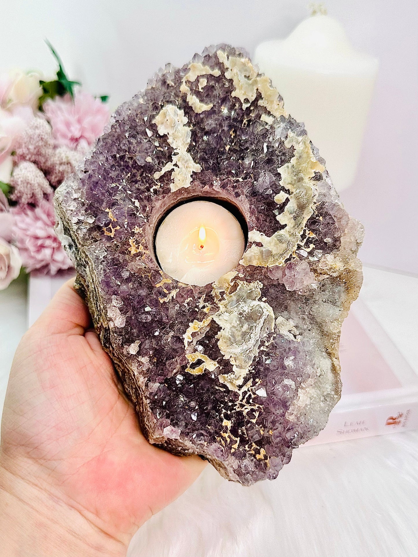 Large 1.26KG 20cm Amethyst Cluster Candle Holder With Calcite Inclusions From Brazil