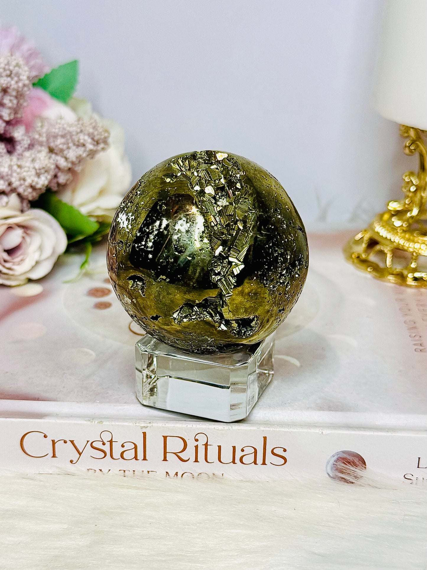 Large Druzy Pyrite Sphere on Stand 421g