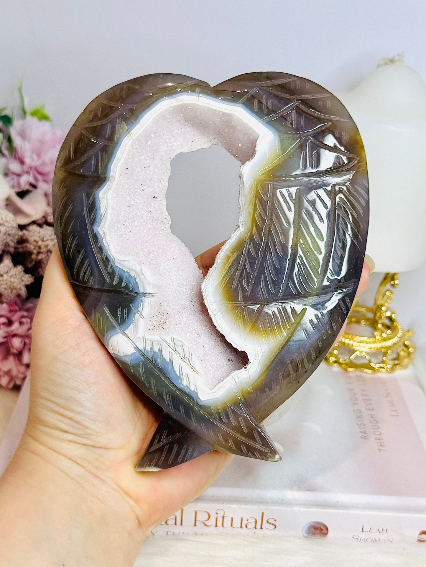 Agate Druzy Carved Heart Wings on Stand 20cm