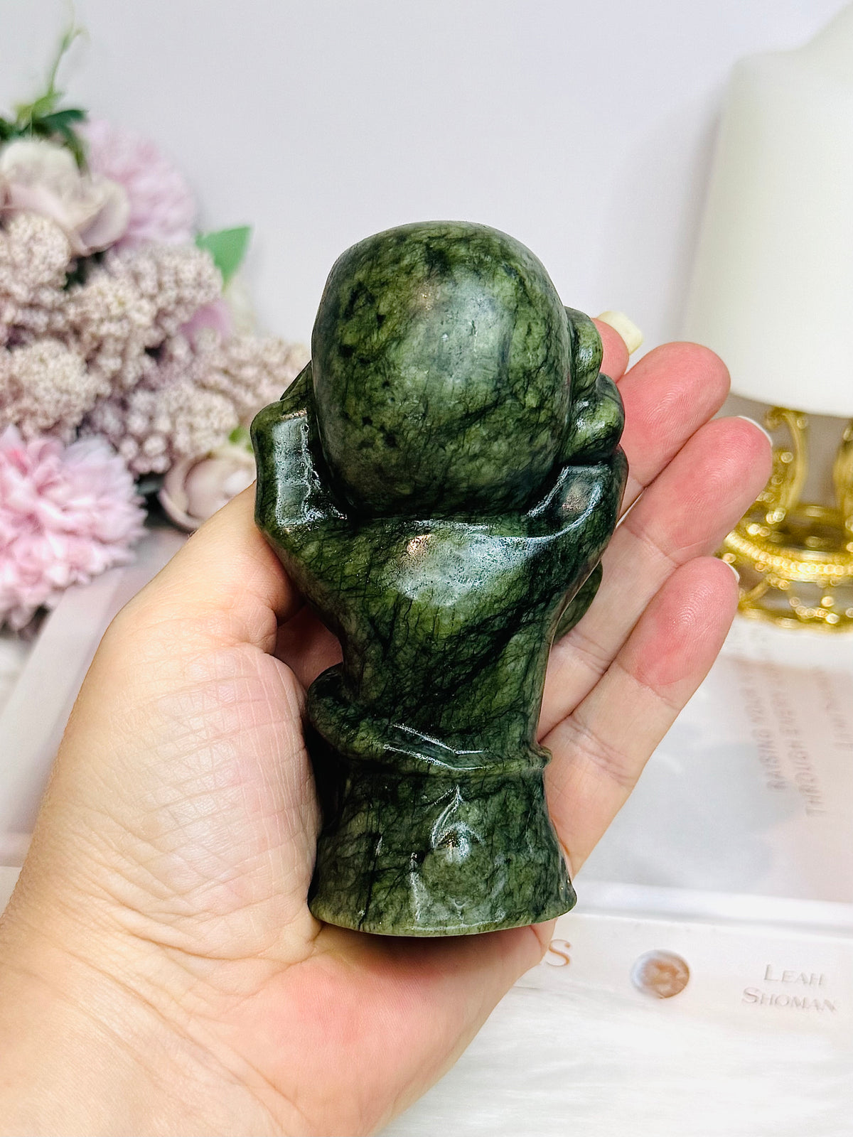 Green Jade Carved Skull, Hand & Snake 11cm 379g