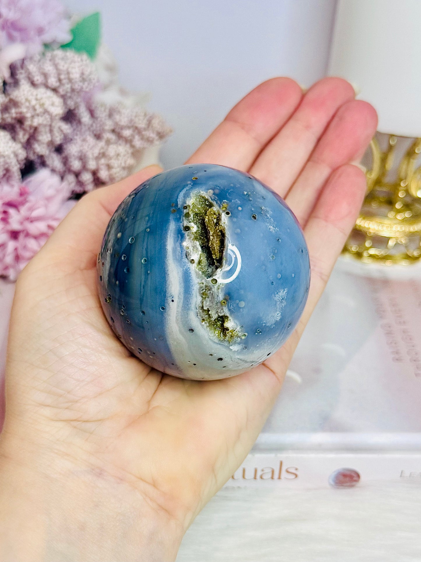 Blue Druzy Agate Sphere On Stand 308g