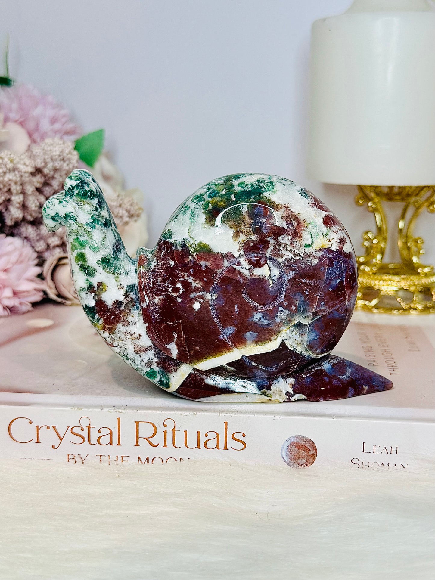 Red & Green Moss Agate Carved Large Snail 14cm