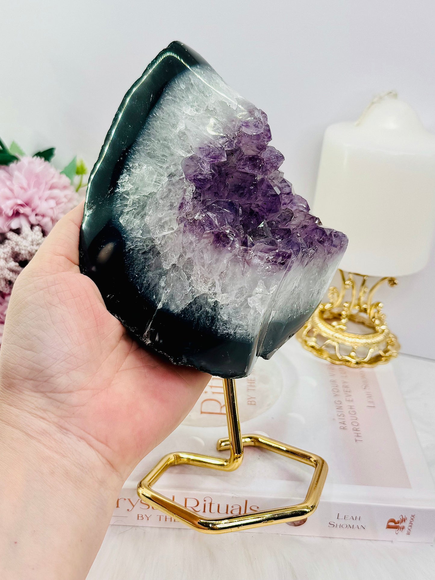 Large 20cm 1.1KG Natural Amethyst Agate Cluster Freeform on Gold Stand