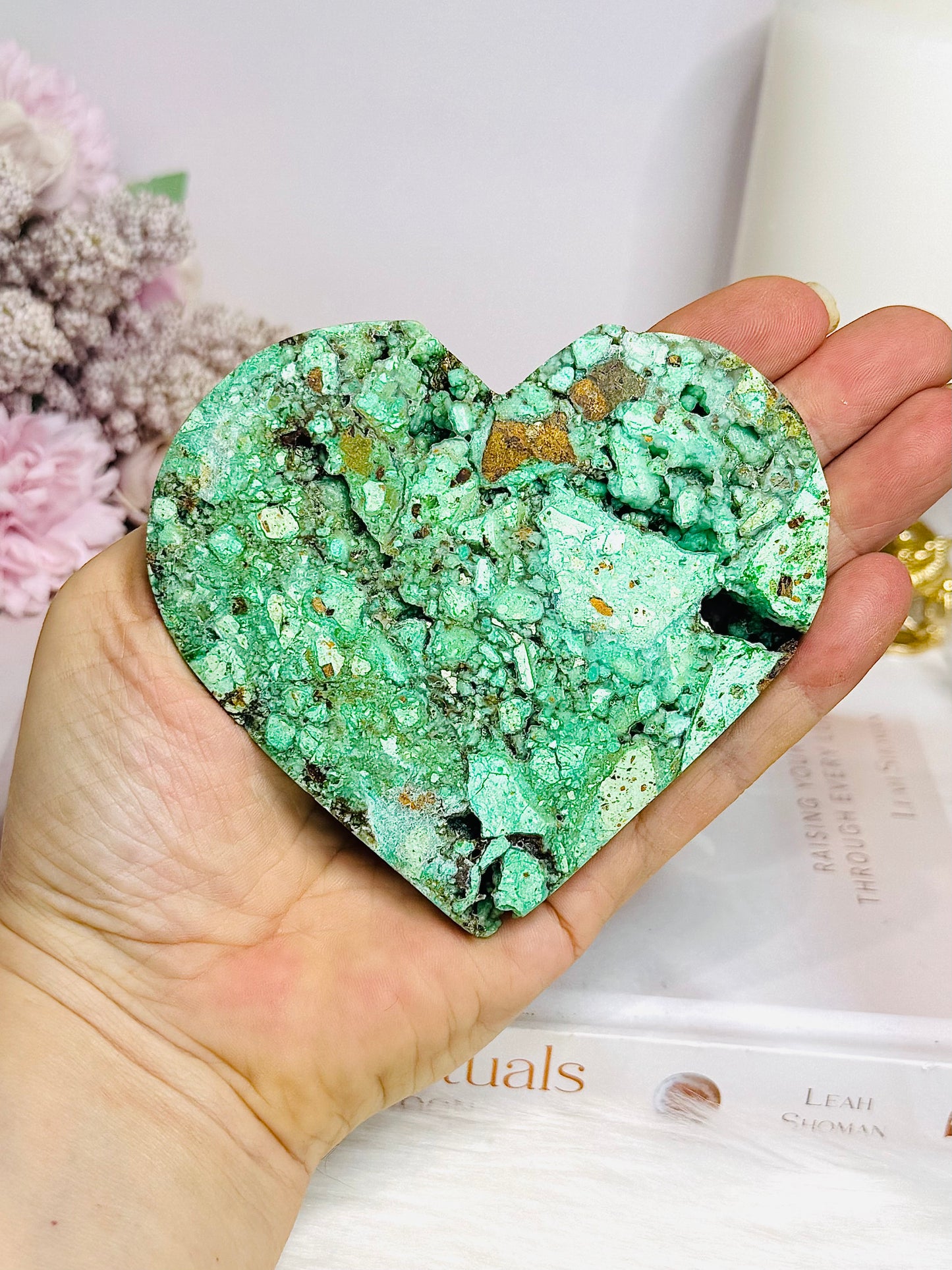 Large Natural Variscite Carved Heart on Stand 9.5cm