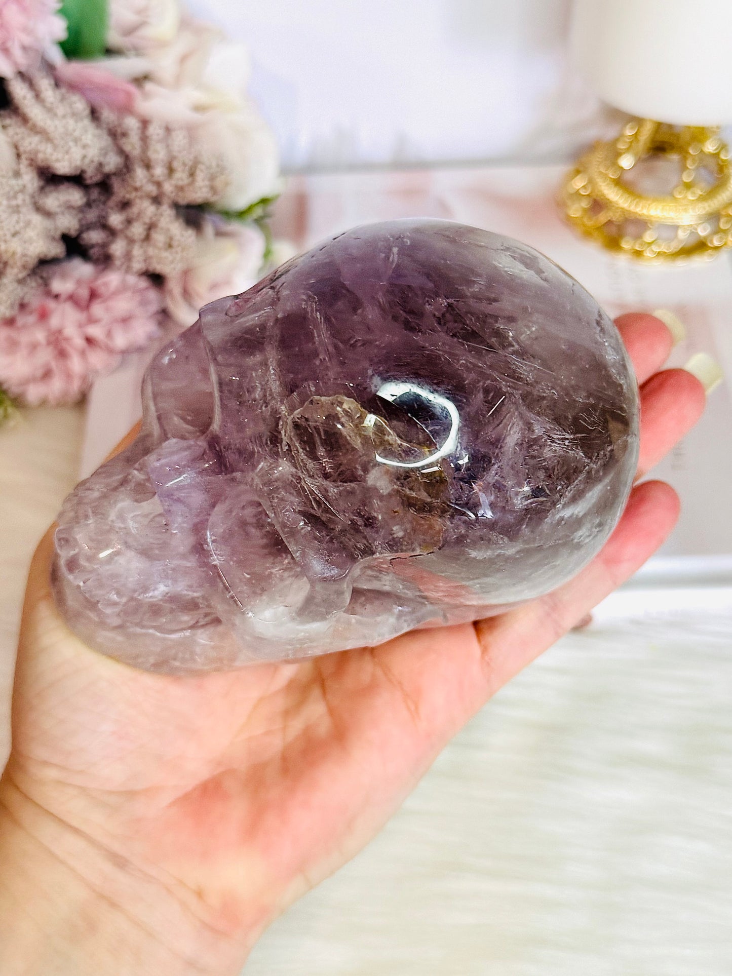 Huge 991gram High Grade Amethyst Carved Skull with Rainbows