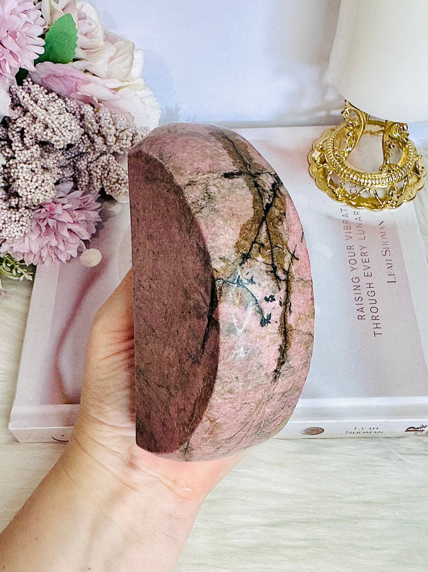 Chunky Large Rhodonite Carved Moon Bowl 12cm 559grams