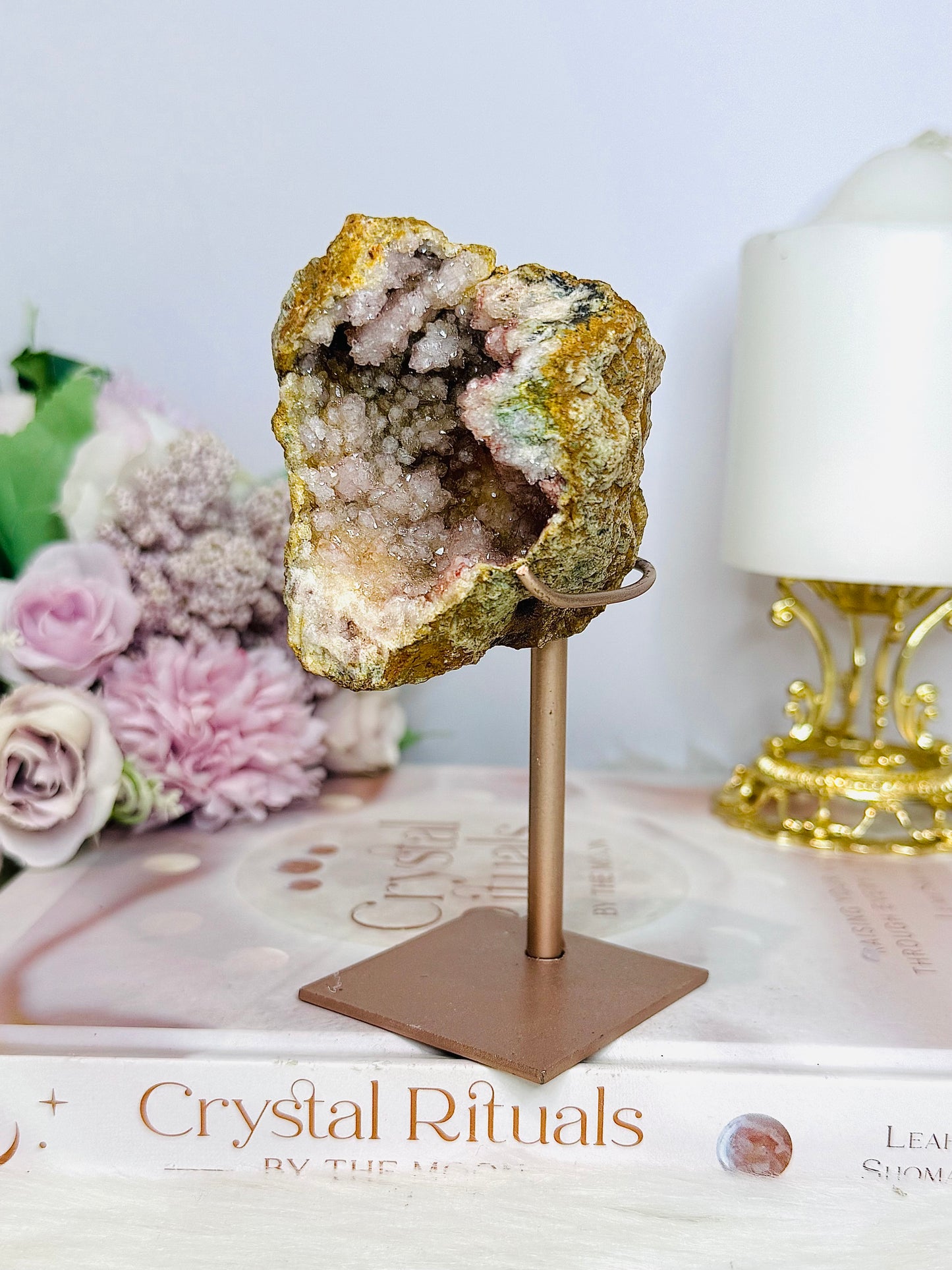 Natural Pink Amethyst Druzy Geode on Rose Gold Stand 13cm