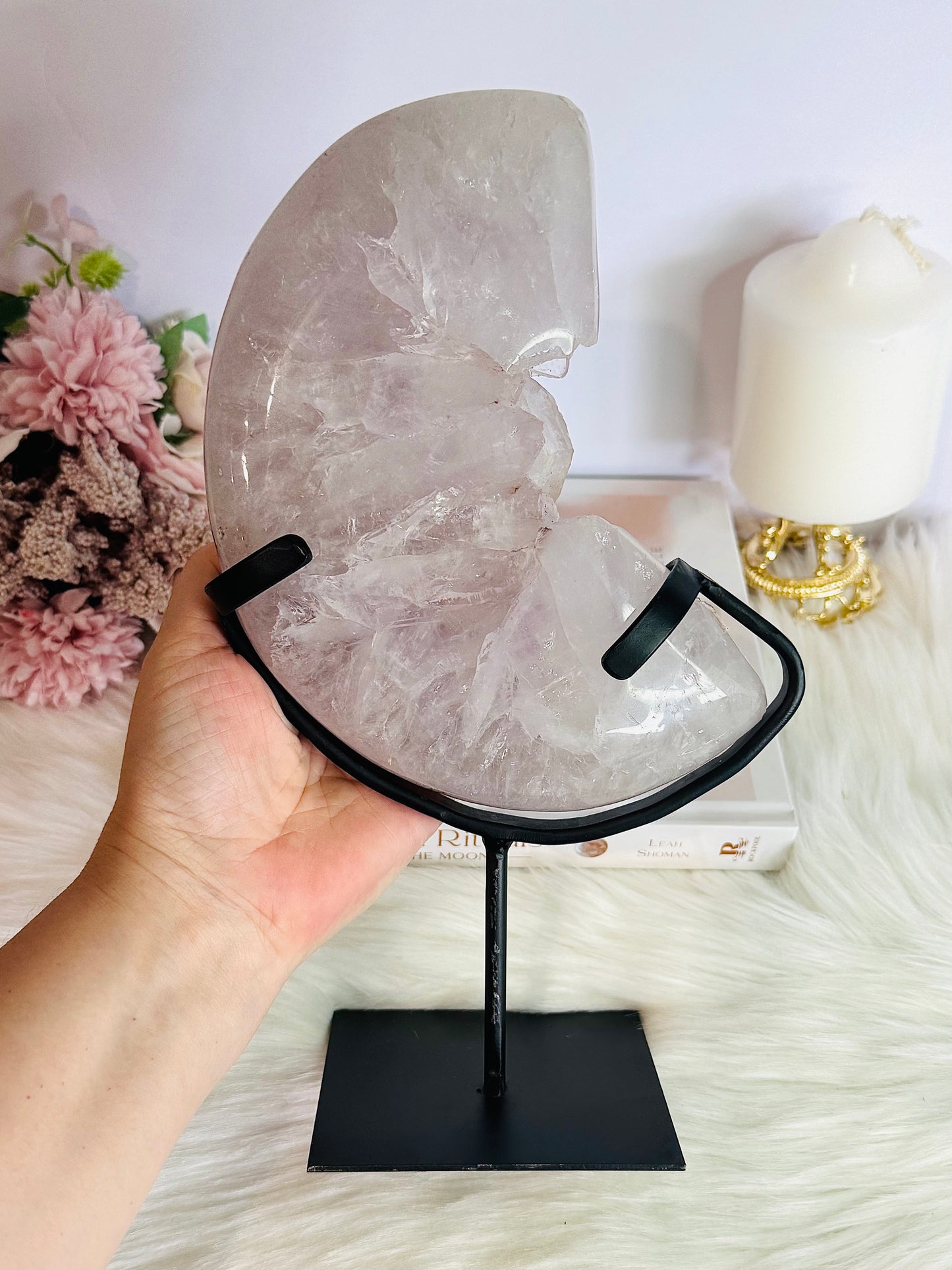 ⚜️ SALE WITH $100 DISCOUNT ⚜️ Huge 1.96KG Amethyst Carved Druzy Moon On Custom Stand From Brazil ~ 25cm (inc stand)