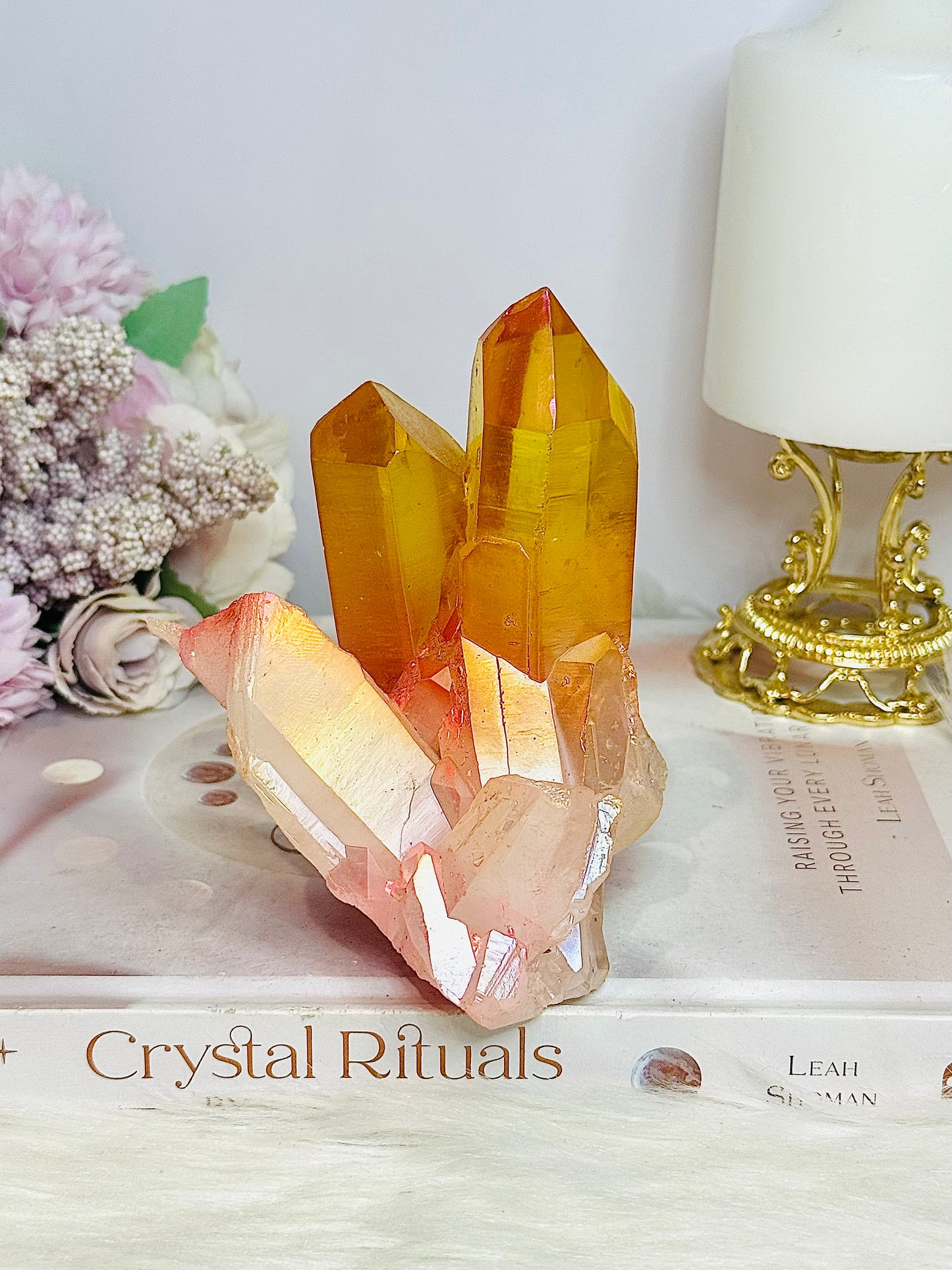 Orange Coated Angel Aura Quartz Cluster 490g