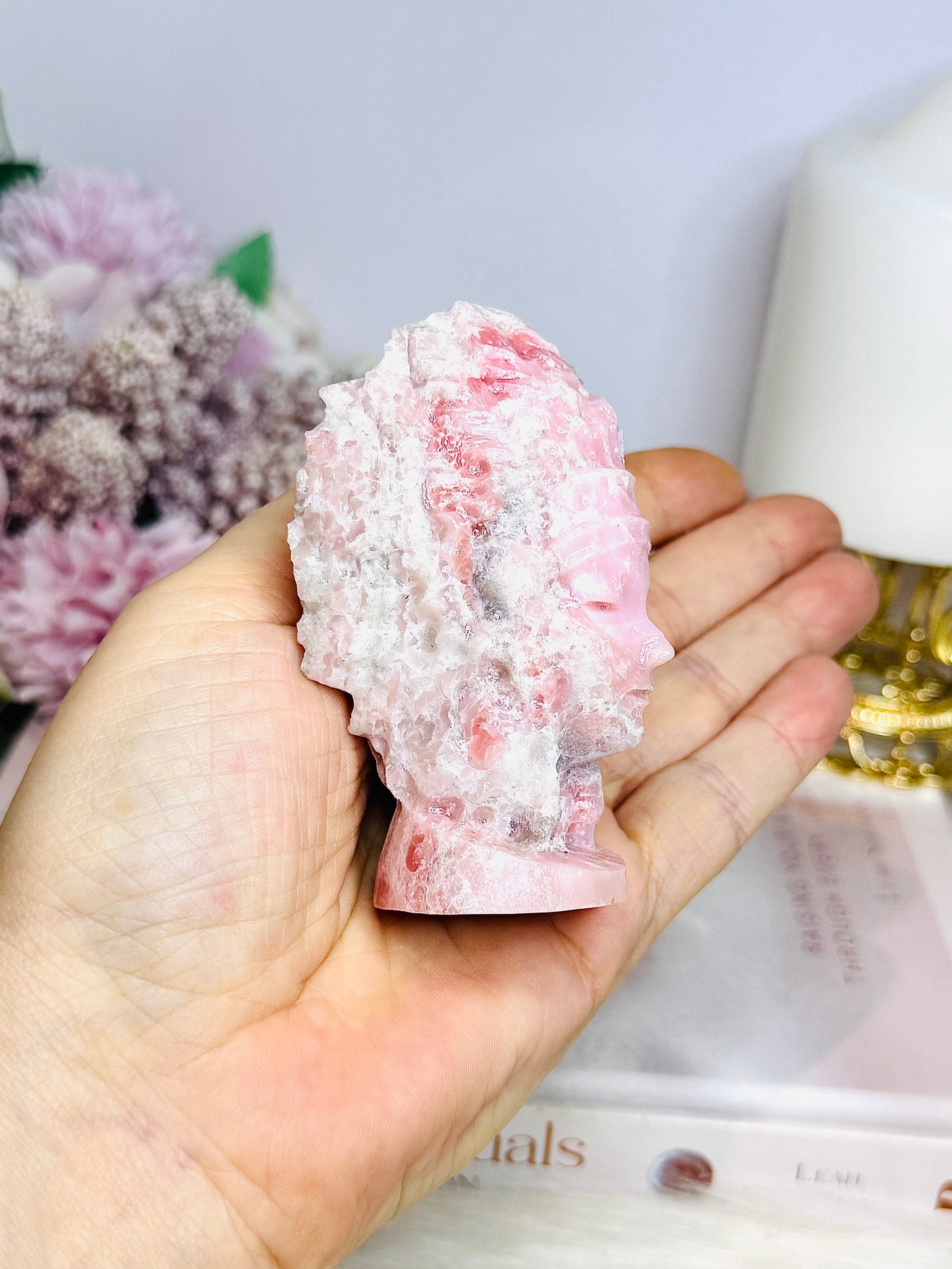 Pink Opal Carved Indian Head 8cm