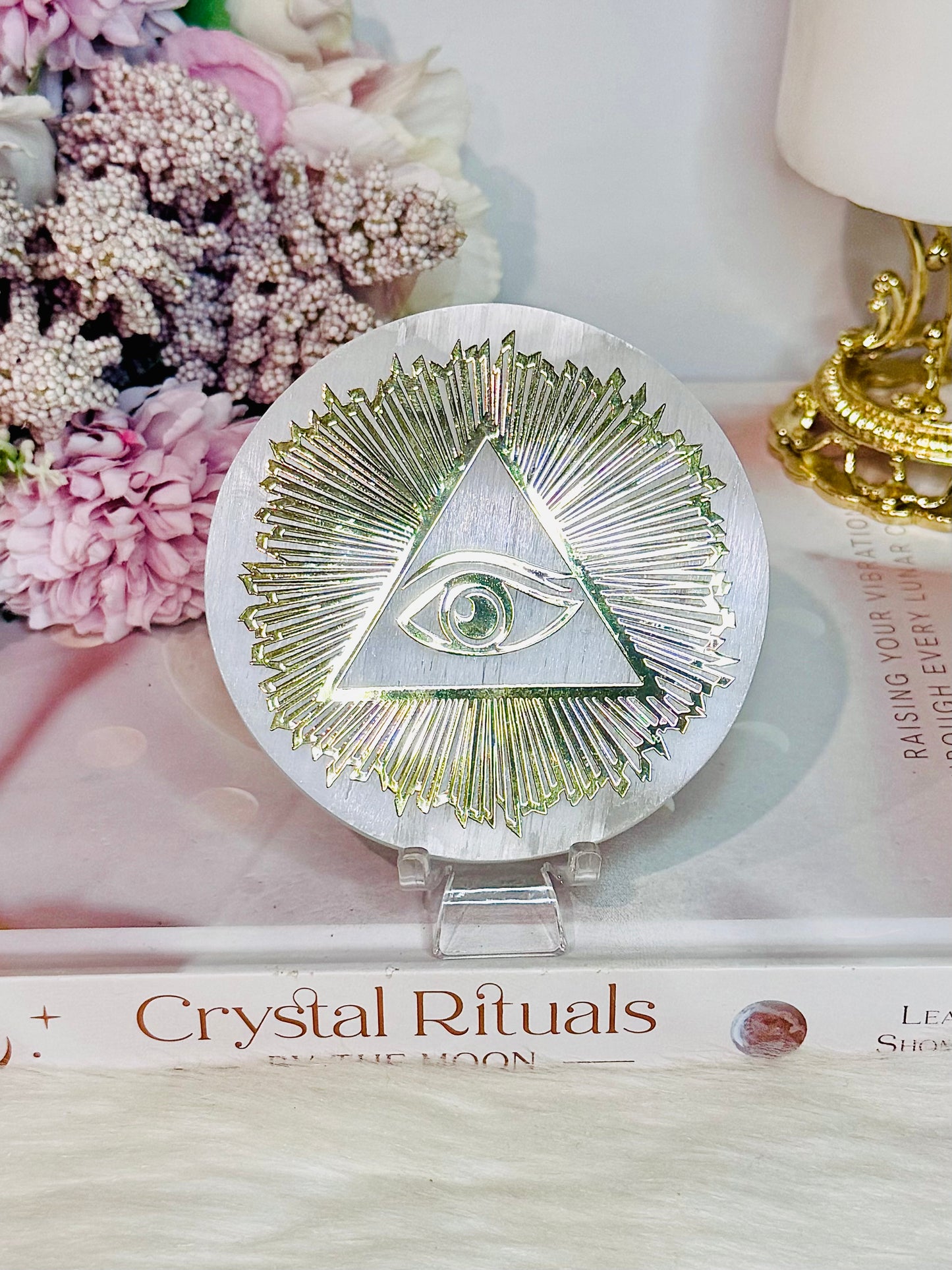 Amazing Selenite Slab with Gold Evil Eye Carving on Stand 8cm