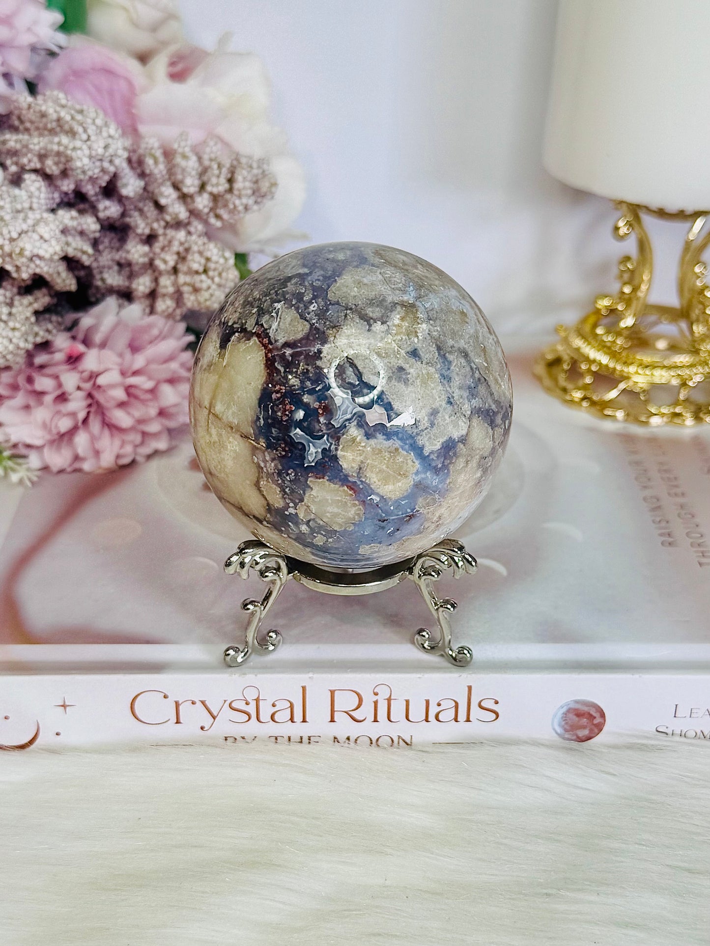 Gorgeous Natural Cherry Agate Carved Sphere On Stand 371grams