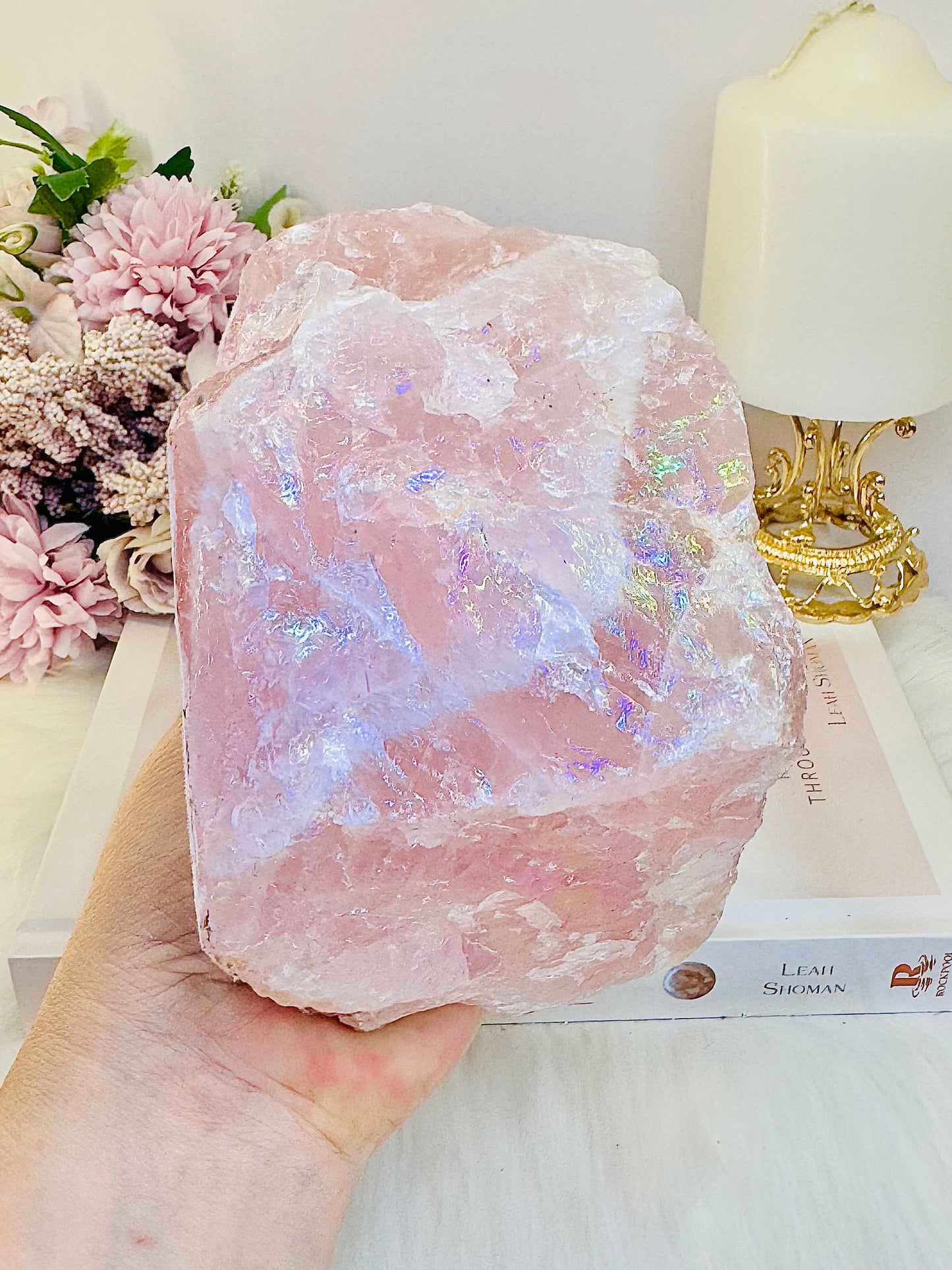 So Pretty!!!! Large Chunky 1.2KG 14cm Angel Aura Rose Quartz Candle Holder