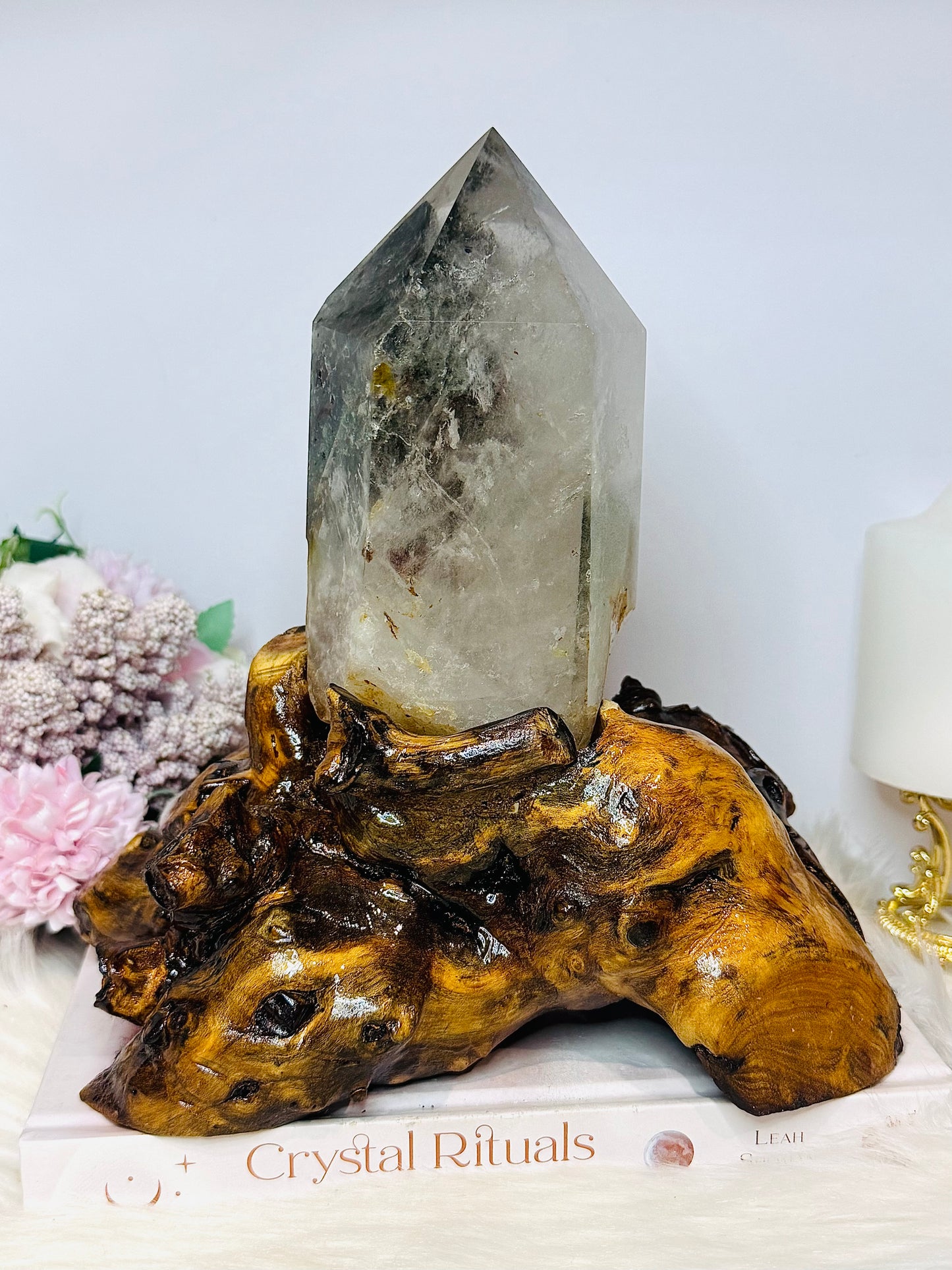 Huge Natural Garden Quartz Tower on Wooden Base 21cm Tall 19cm Wide 1.6KG