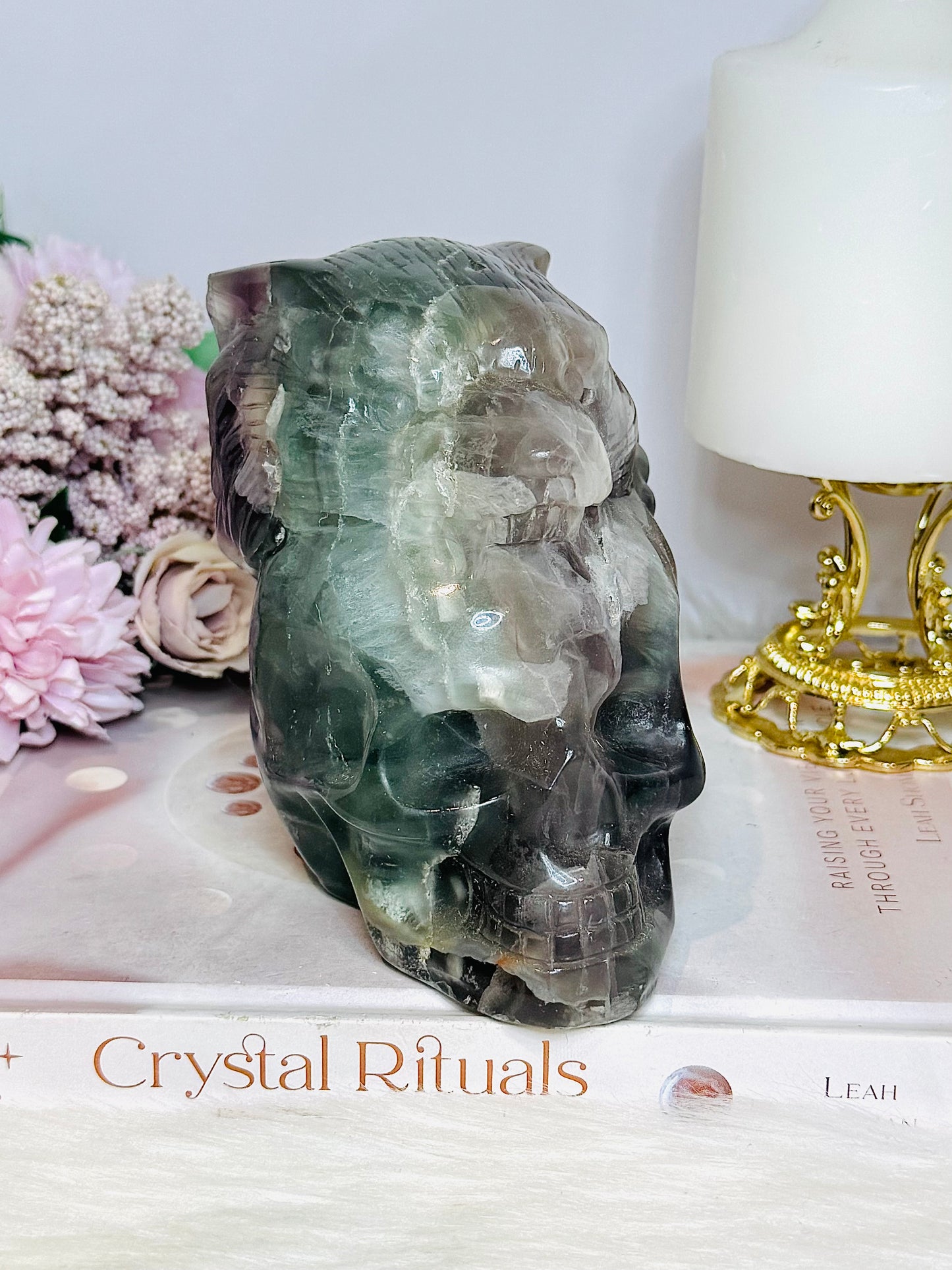 Large Fluorite Carved Skull with Bear Head 1.68KG