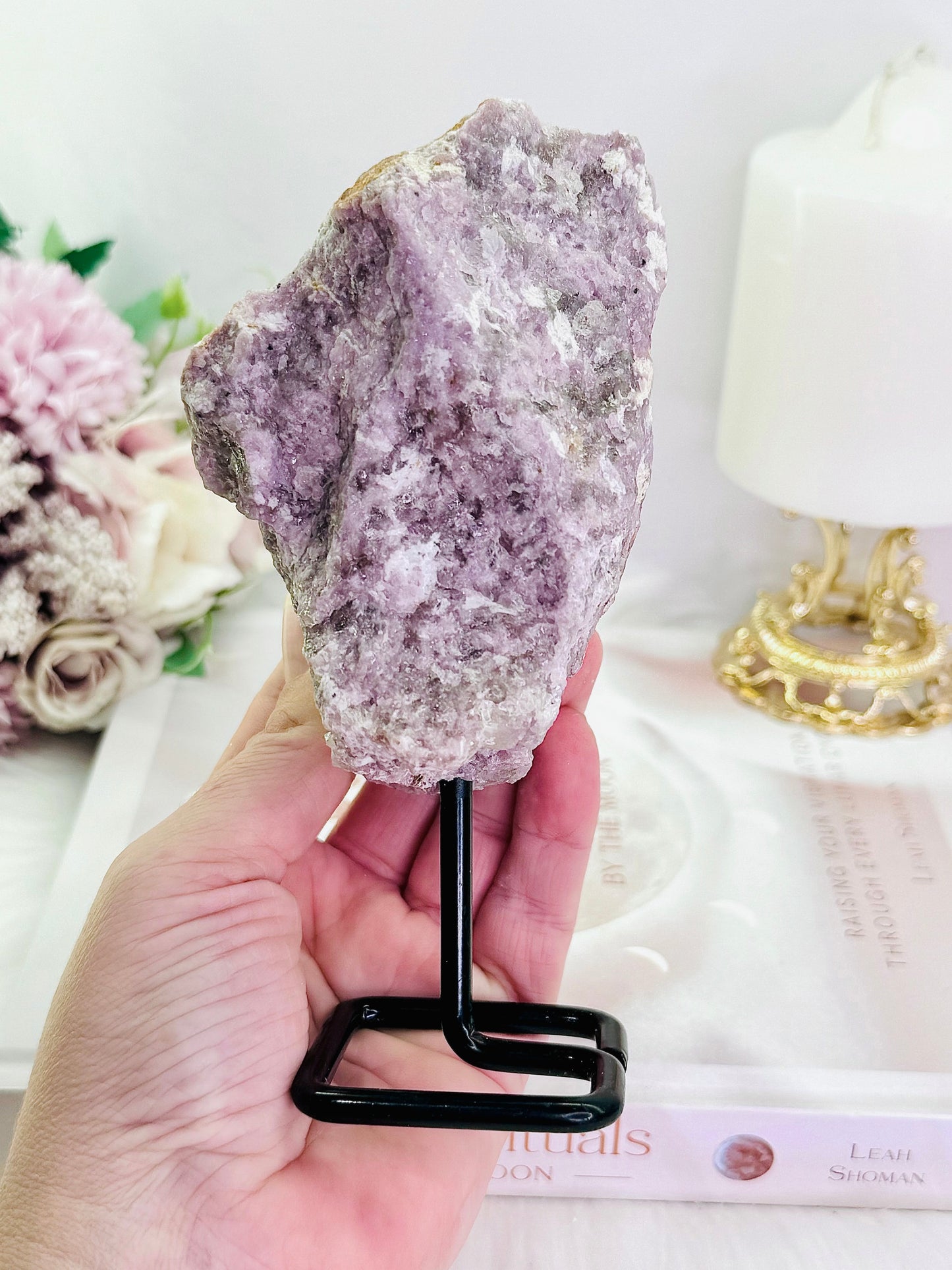 Large Raw Natural Lepidolite Crystal 587grams On Stand From Brazil