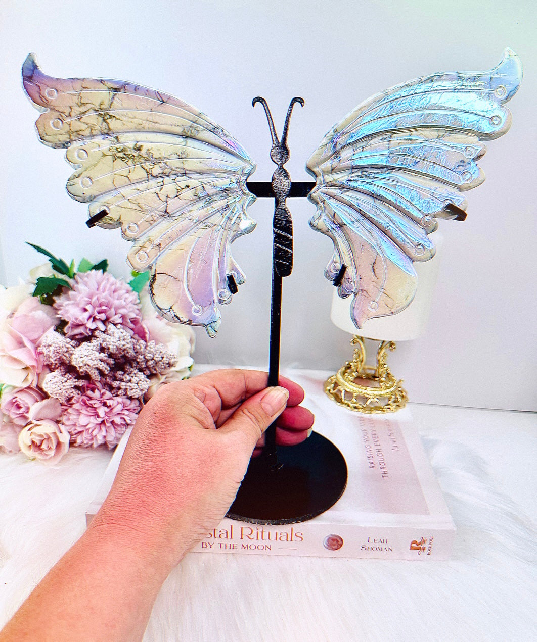 Calming & Eases Stress ~ Classy & Fabulous Large Angel Aura Howlite Butterfly Wings 24.5cm Tall