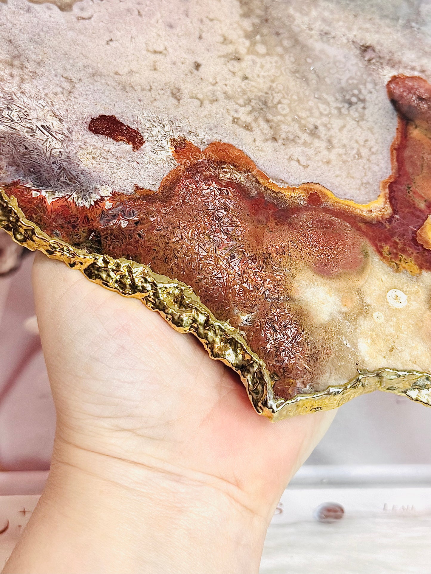 A Collectors Piece ~ High Grade Natural Pink Amethyst Druzy Slice | Slab with Gold Plating on Gold Stand 496g
