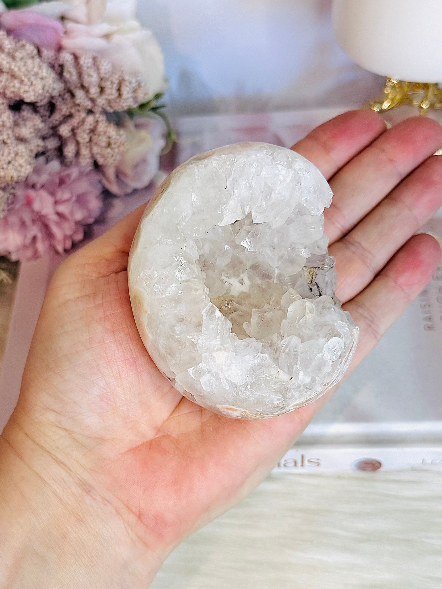 Druzy Flower Agate Egg On Stand 351grams