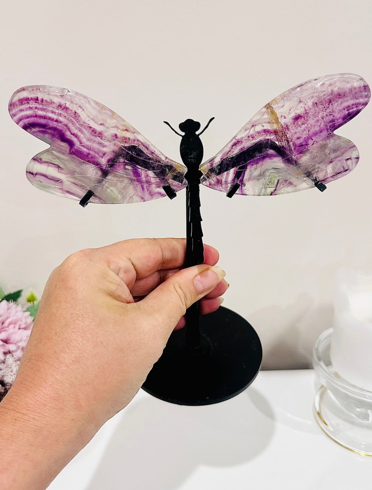 What A Beauty!!! Large 18.5cm Stunning Purple Fluorite Dragonfly Wings On Black Stand