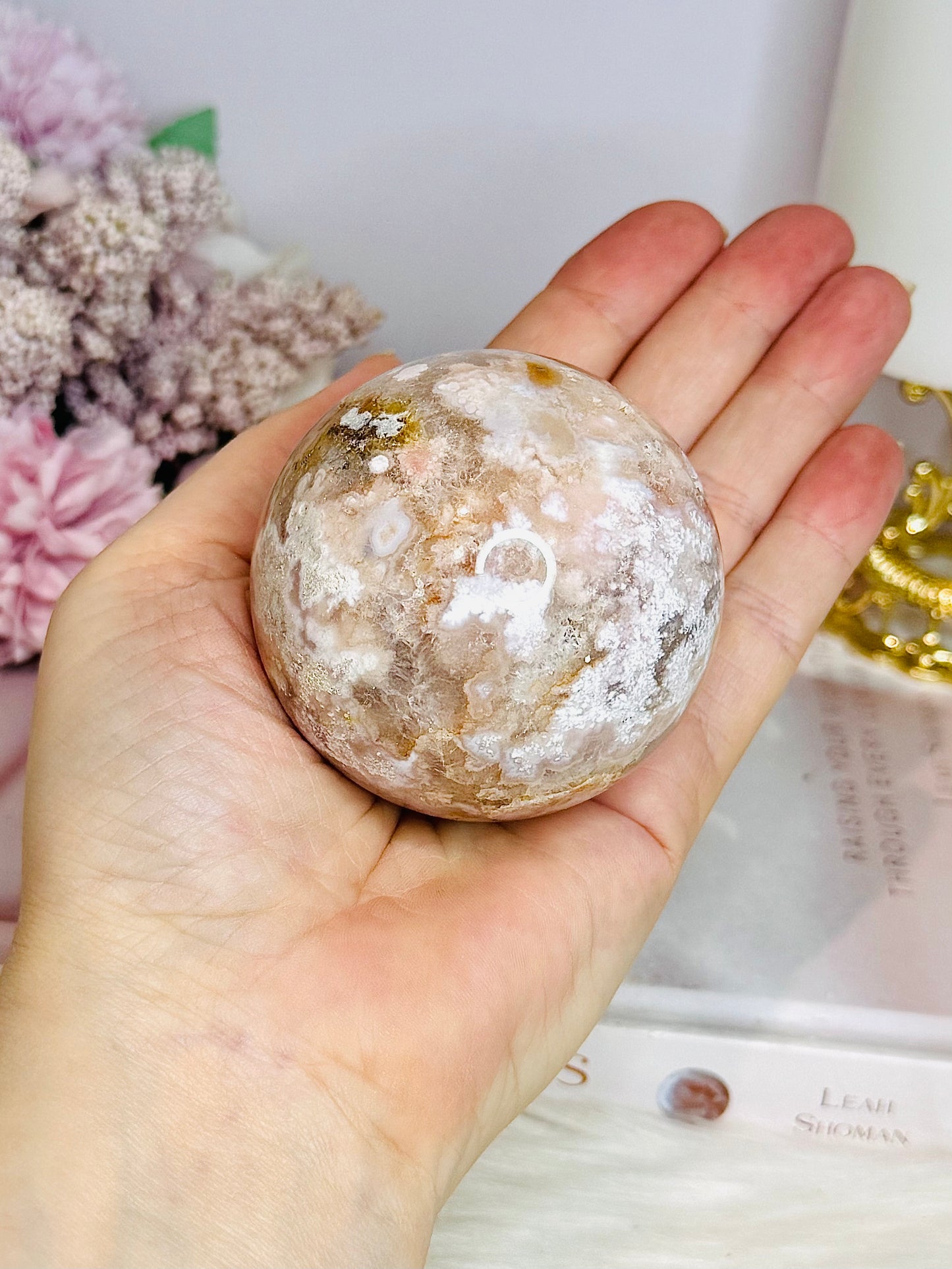 Large Flower Agate Sphere 306g On Glass Stand