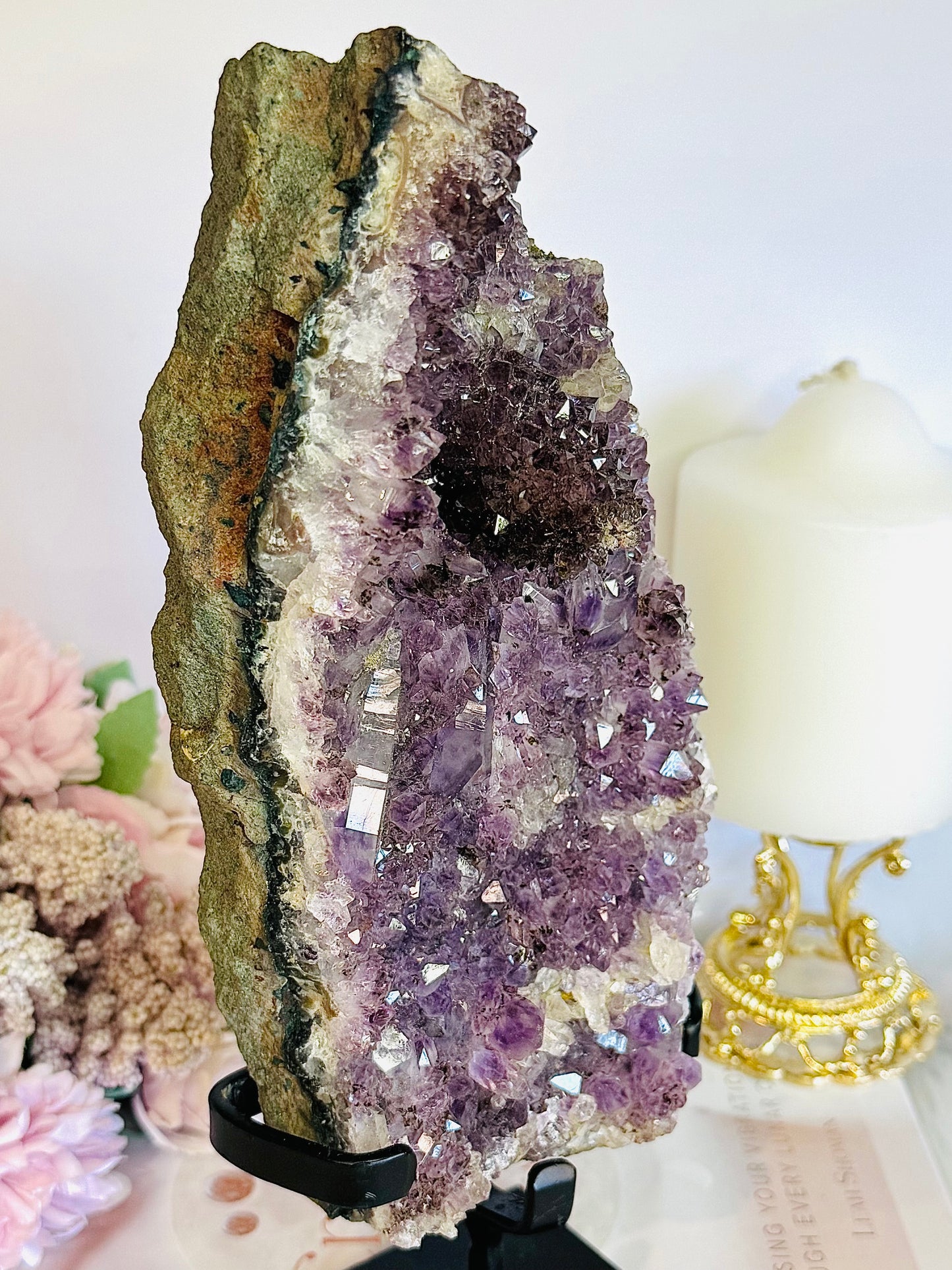 High Grade Amethyst Natural Cluster Slab with Stalactite Formations On Custom Stand 23cm 1.03KG