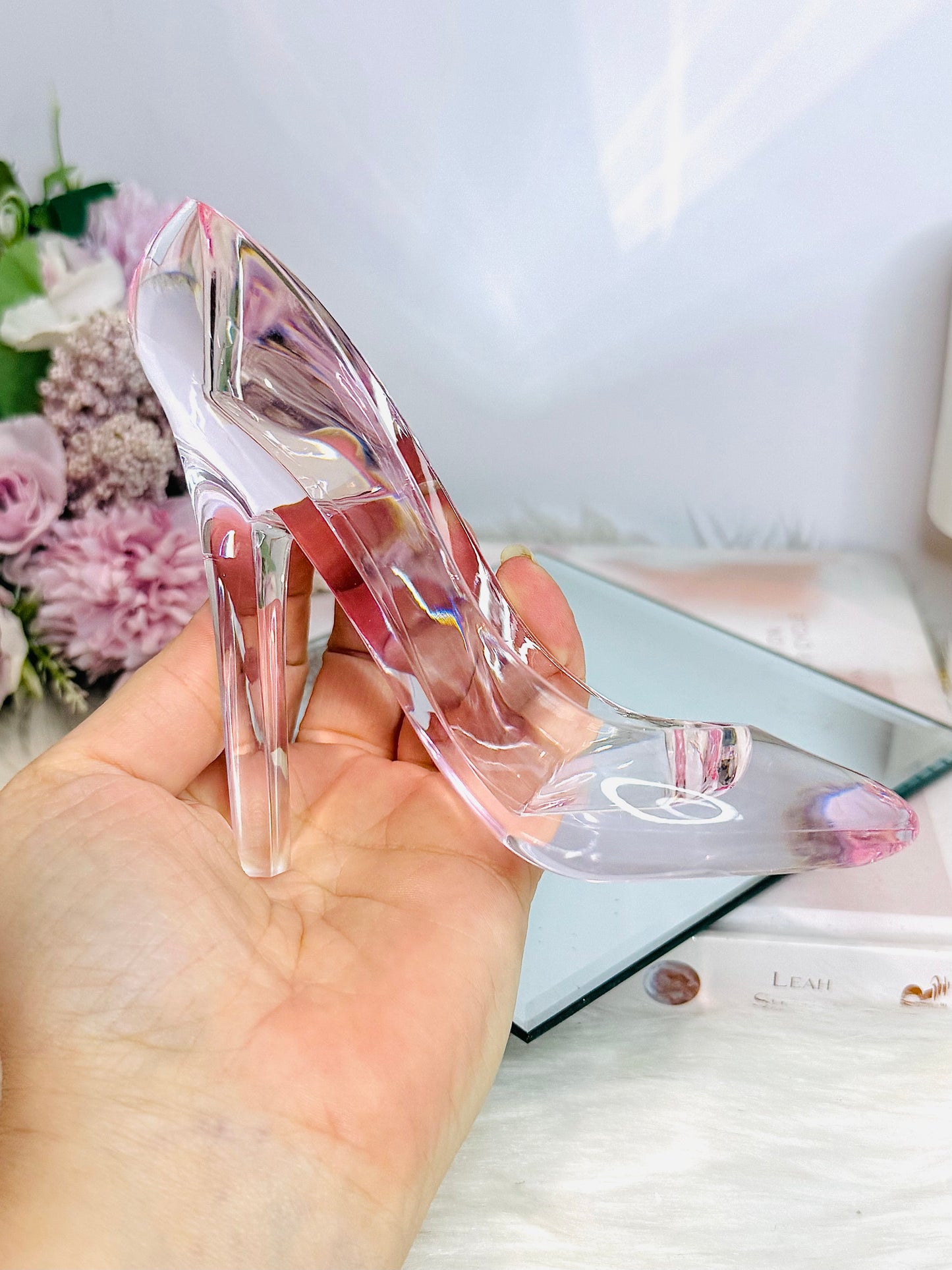 Gift Set ~ Large Mirror Tray 15cm, Large Pink Acrylic Shoe, Clear Quartz Cluster & Fire & Ice Quartz Sphere On Stand