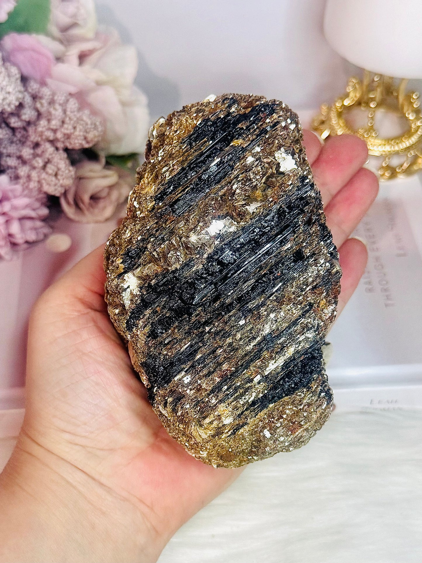 For Protection ~ Natural Large Black Tourmaline in Gold Mica Specimen 790grams