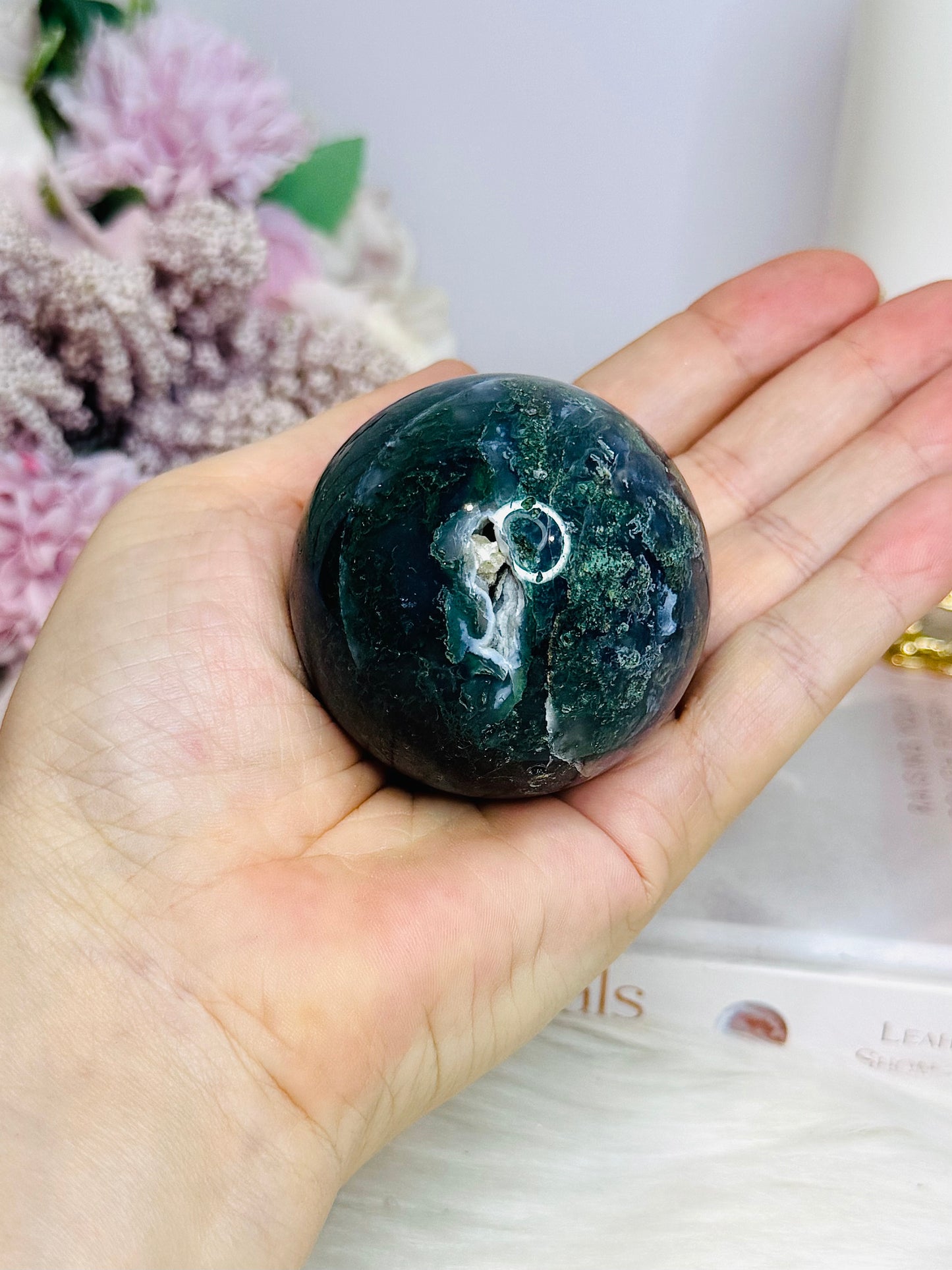 Moss Agate Sphere On Stand 212g