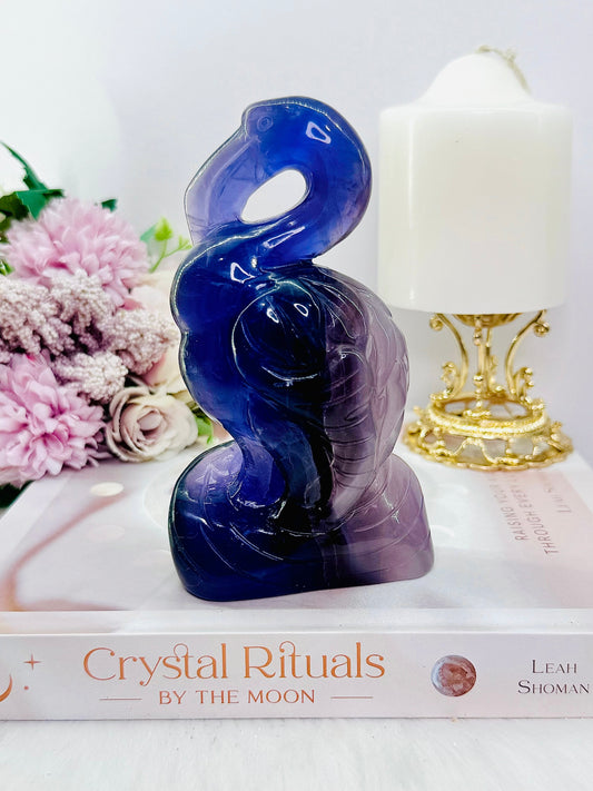 Large Purple Fluorite Carved Flamingo 510gram 14cm