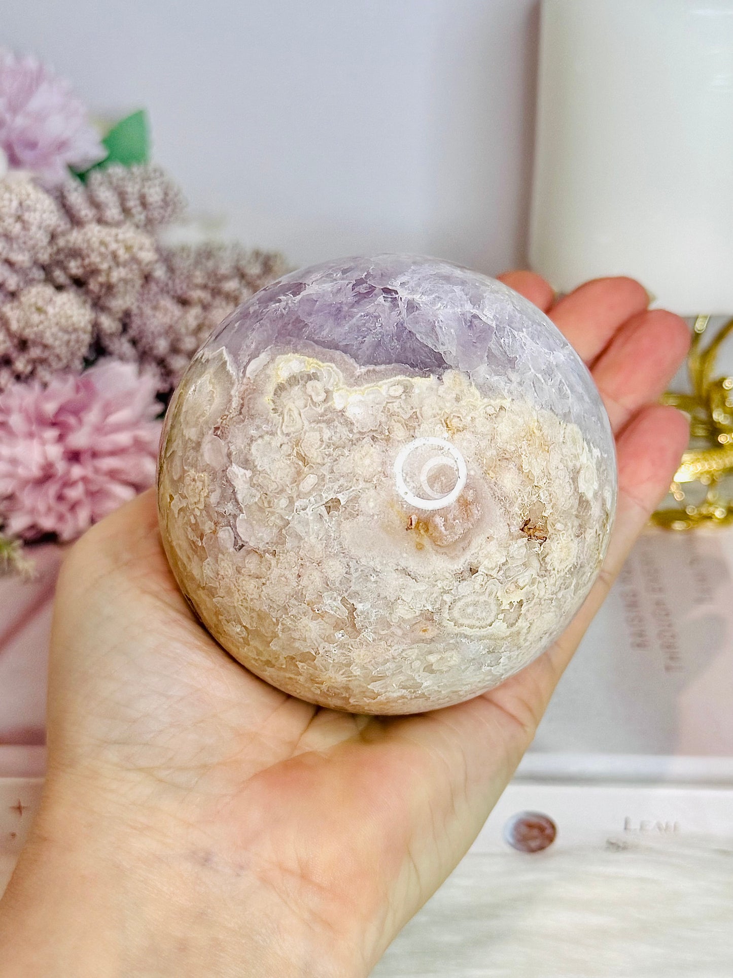 Large Rare Amethyst X Flower Agate Sphere On Stand 710g