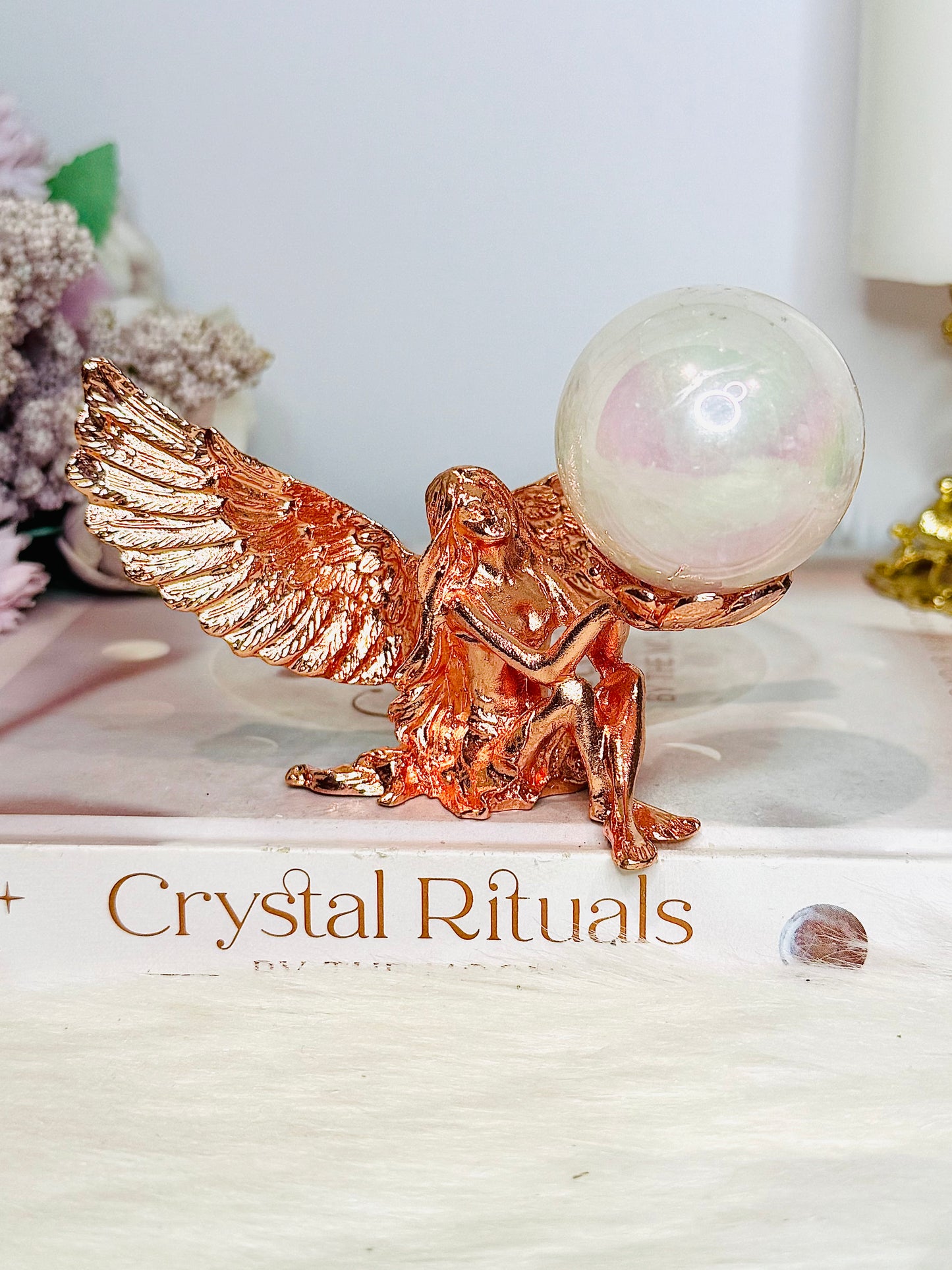 Rose Gold Fairy Stand with Angel Aura Rose Quartz Sphere