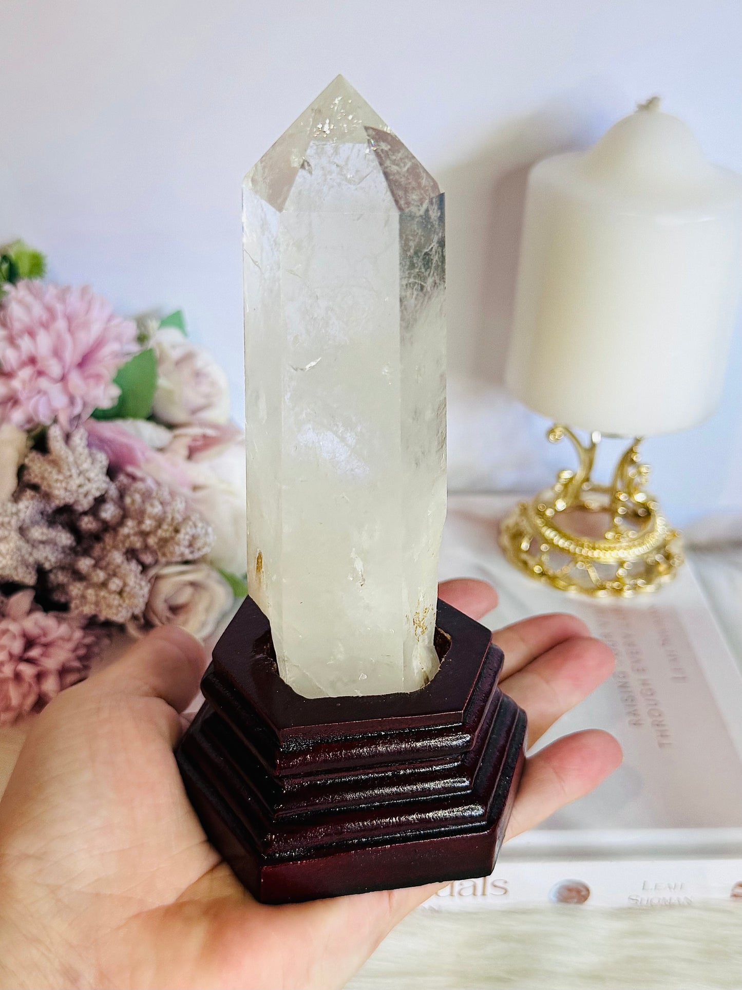The Master Healer ~ Truly Stunning Large Clear Quartz Tower on Timber Stand 14.5cm