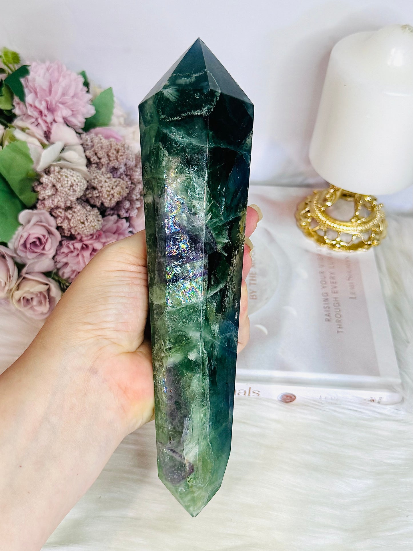 Huge Fluorite Double Terminated Point Full of Rainbows On Timber Stand 1.12KG 23cm