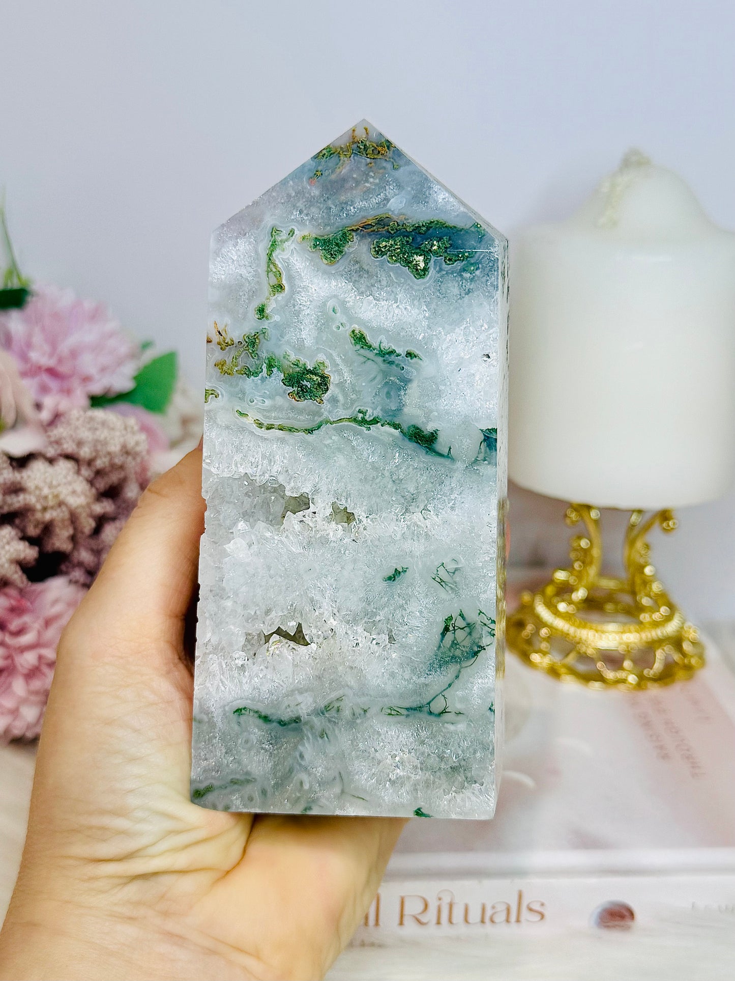 Druzy Moss Agate Thick Chunky Tower 481g