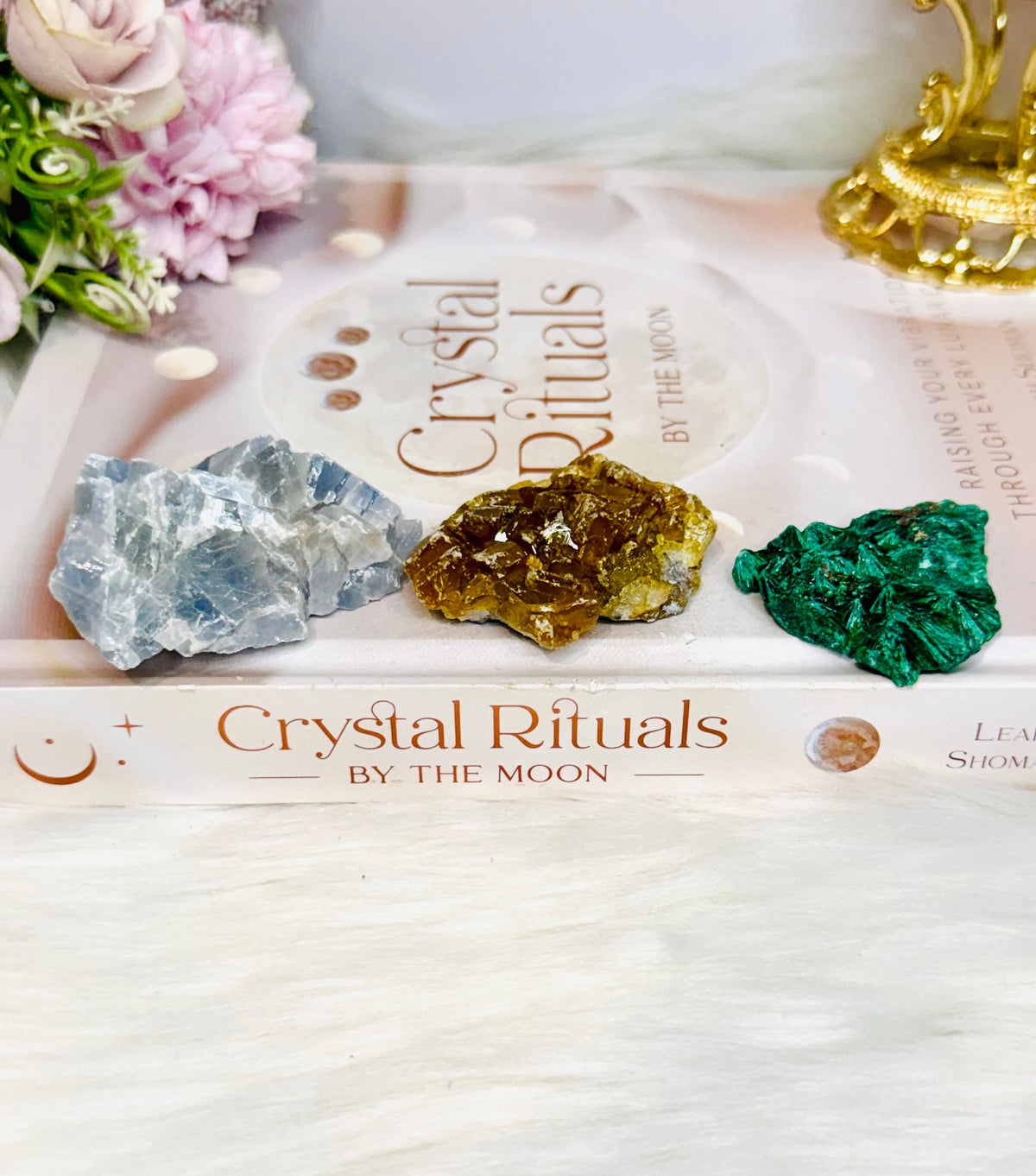 Set of 3 Specimen ~ Blue Calcite, Golden Healer & Velvet Malachite