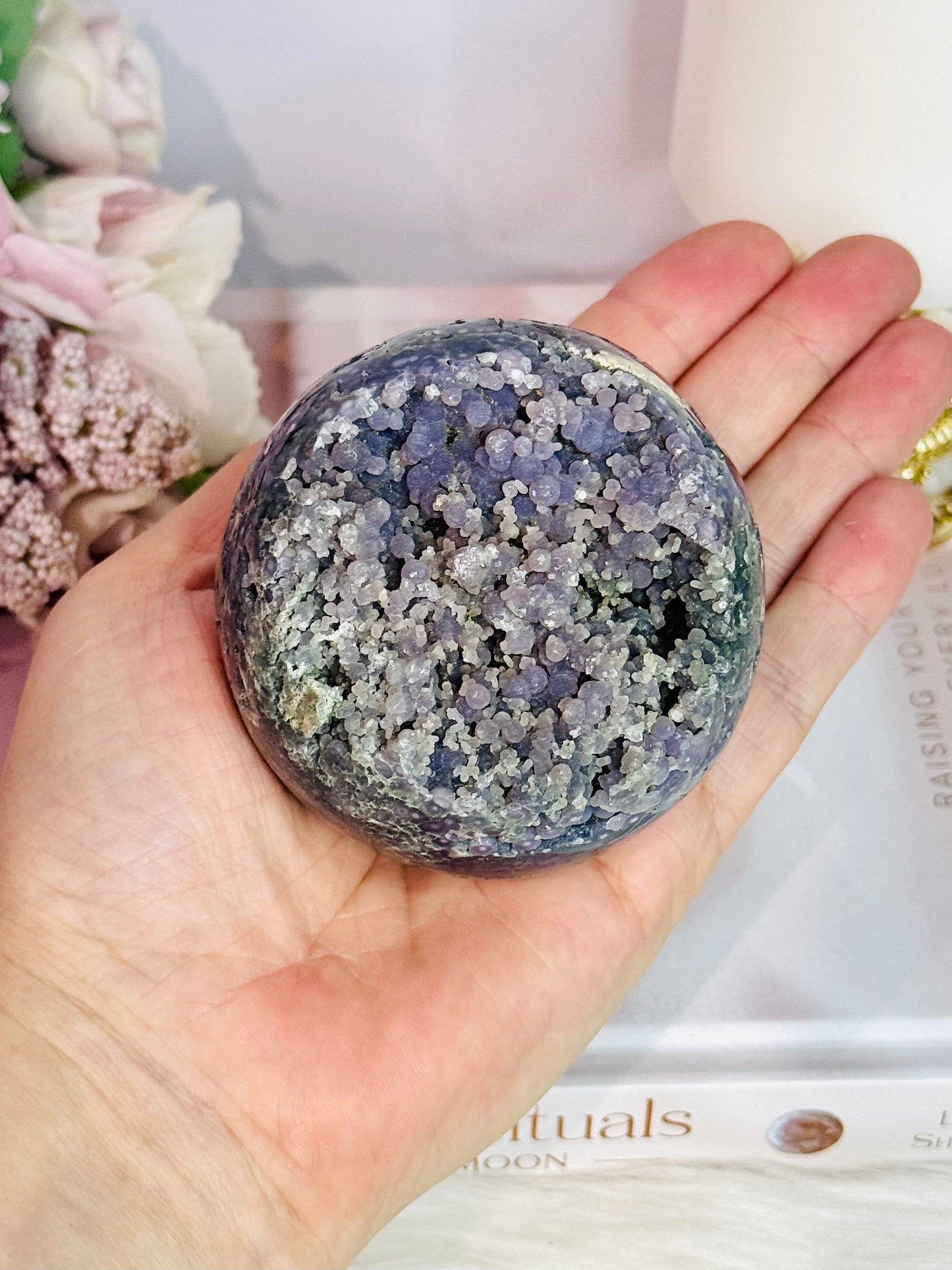 Phenomenally Gorgeous Natural Large Grape Agate Sphere 374grams On Stand